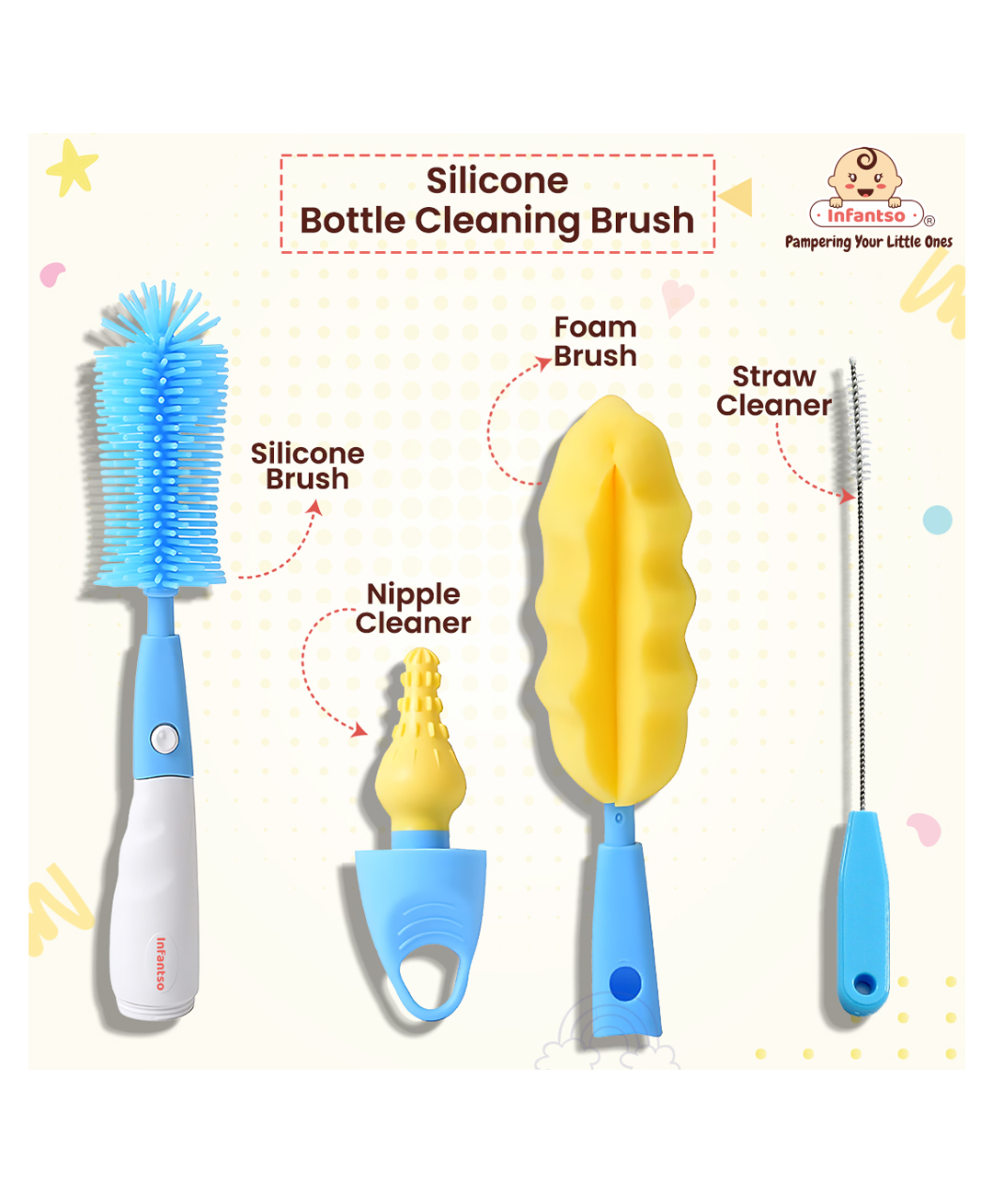 Infantso 4-in-1 Silicone Bottle Cleaning Brush: Deep Clean Baby Bottles, Nipples, and Straws - Blue-picture-13