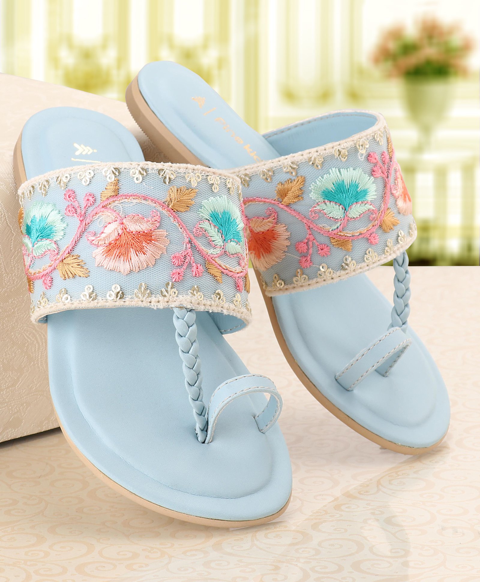 Pine Kids Ethnic Wear Chappal Floral Embroidery  - Sky Blue
