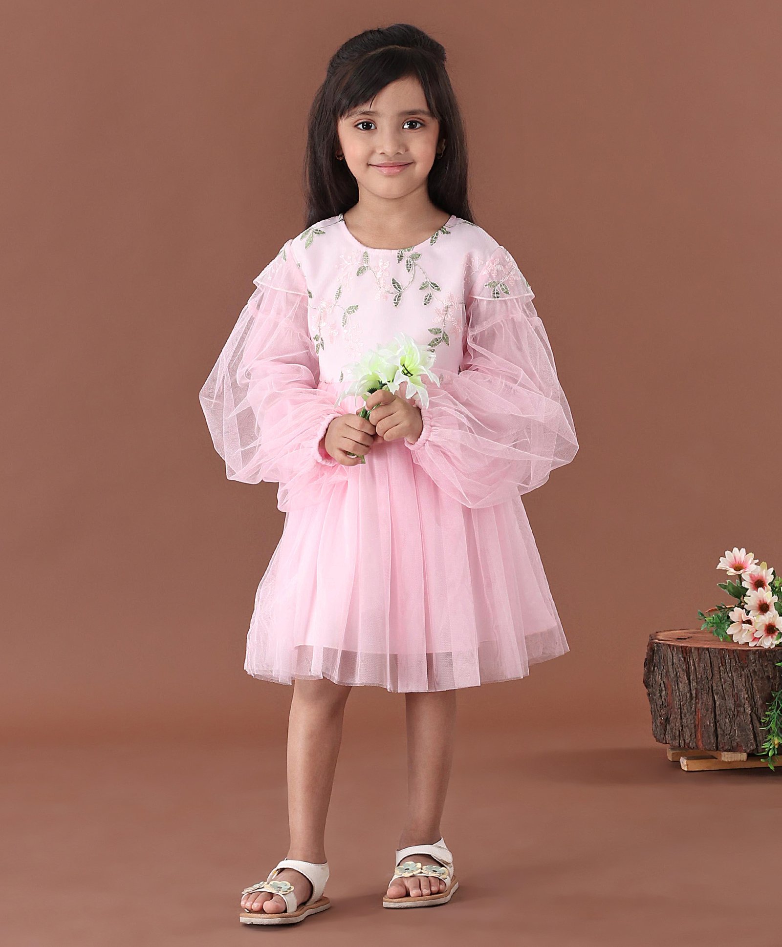 Mark & Mia Full Sleeves Frock with Floral Embroidered Bodice - Pink-image-42