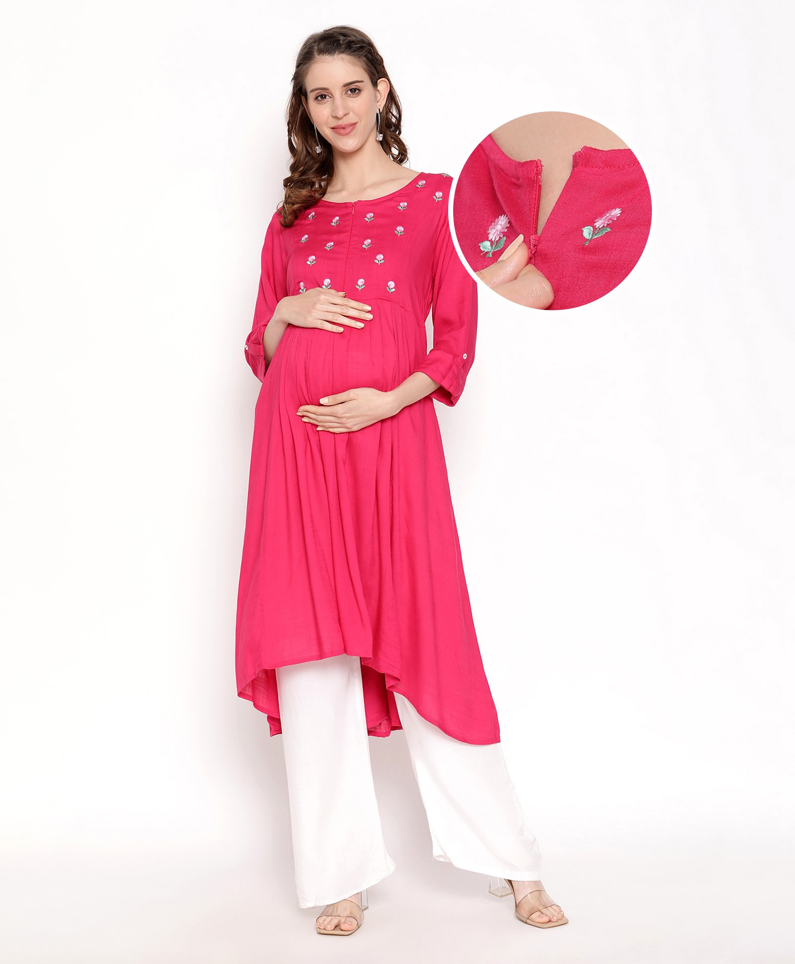 Bella Mama 3/4th Sleeves Maternity Ethnic Kurta - Fuchsia-image-12