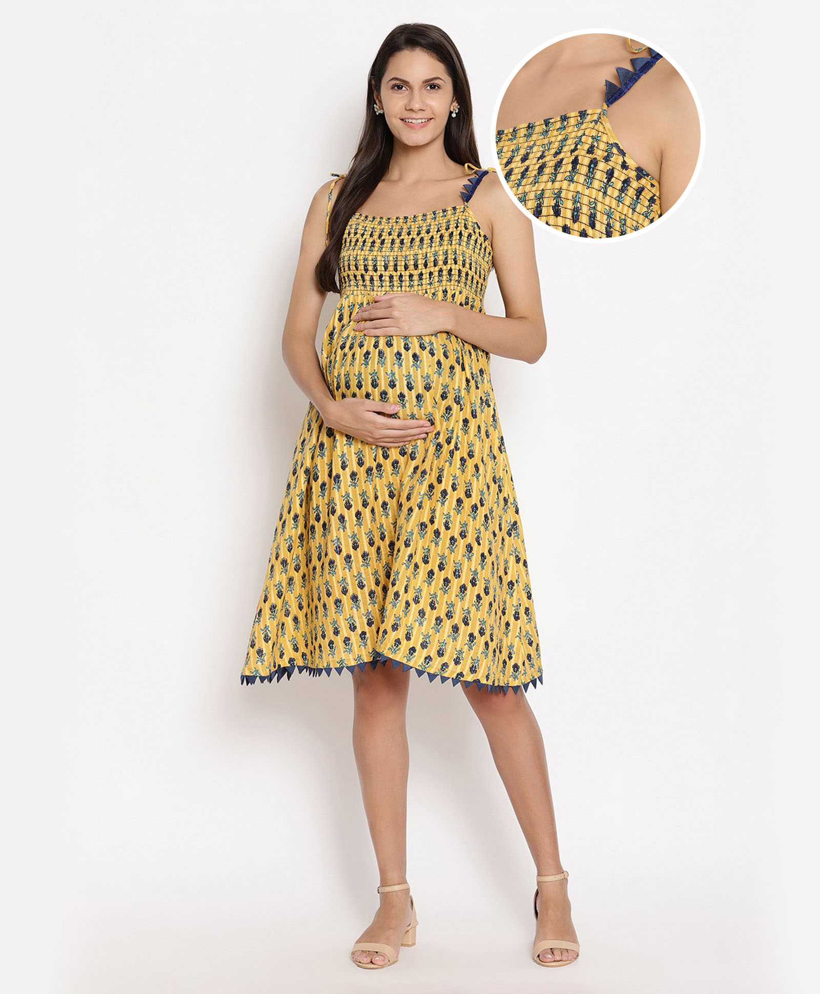 Bella Mama Singlet Sleeves Smocked Maternity Dress Floral Print - Yellow-image-10