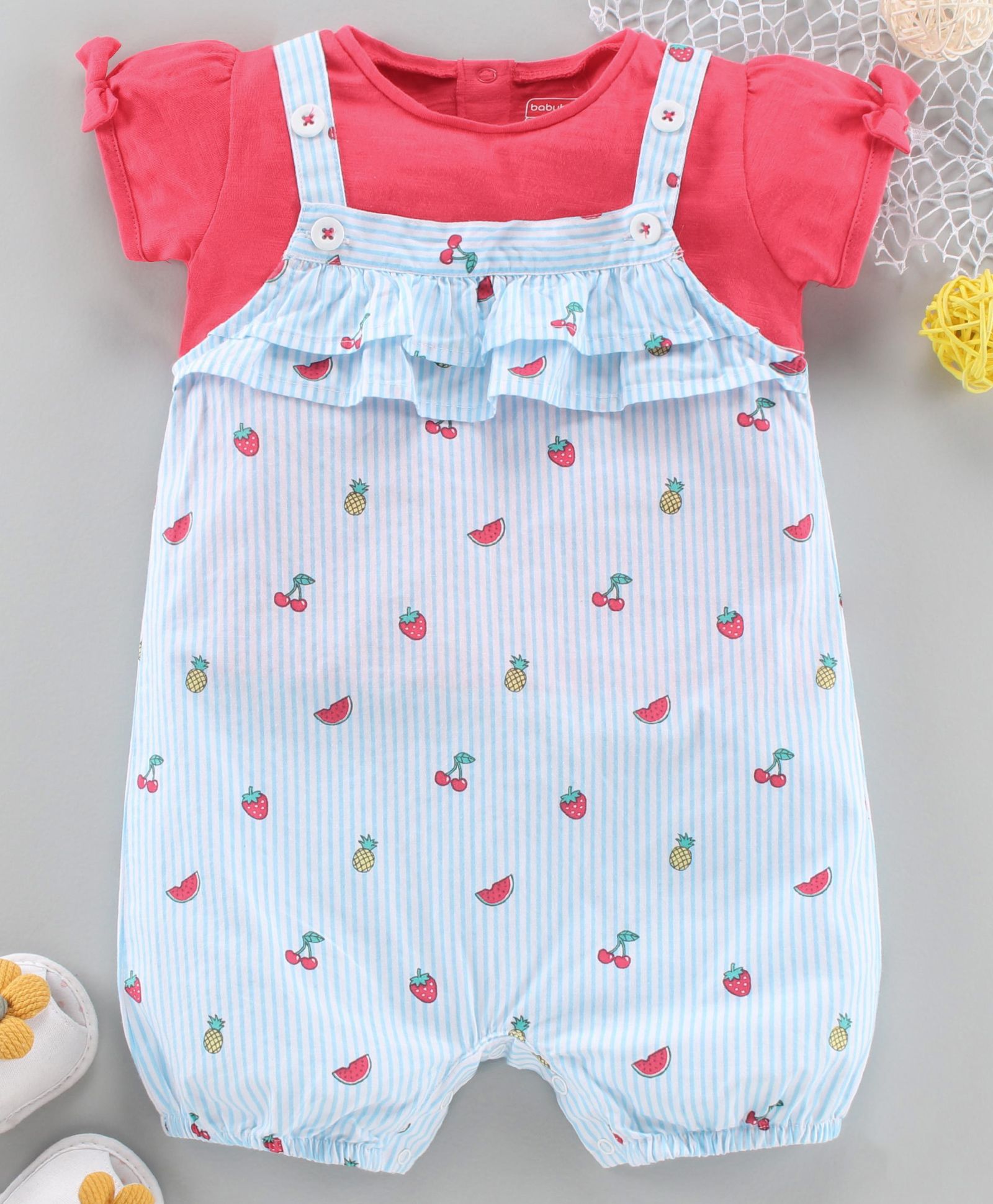 Babyhug Dungaree With Inner Top Fruits Print - Blue Pink-image-28