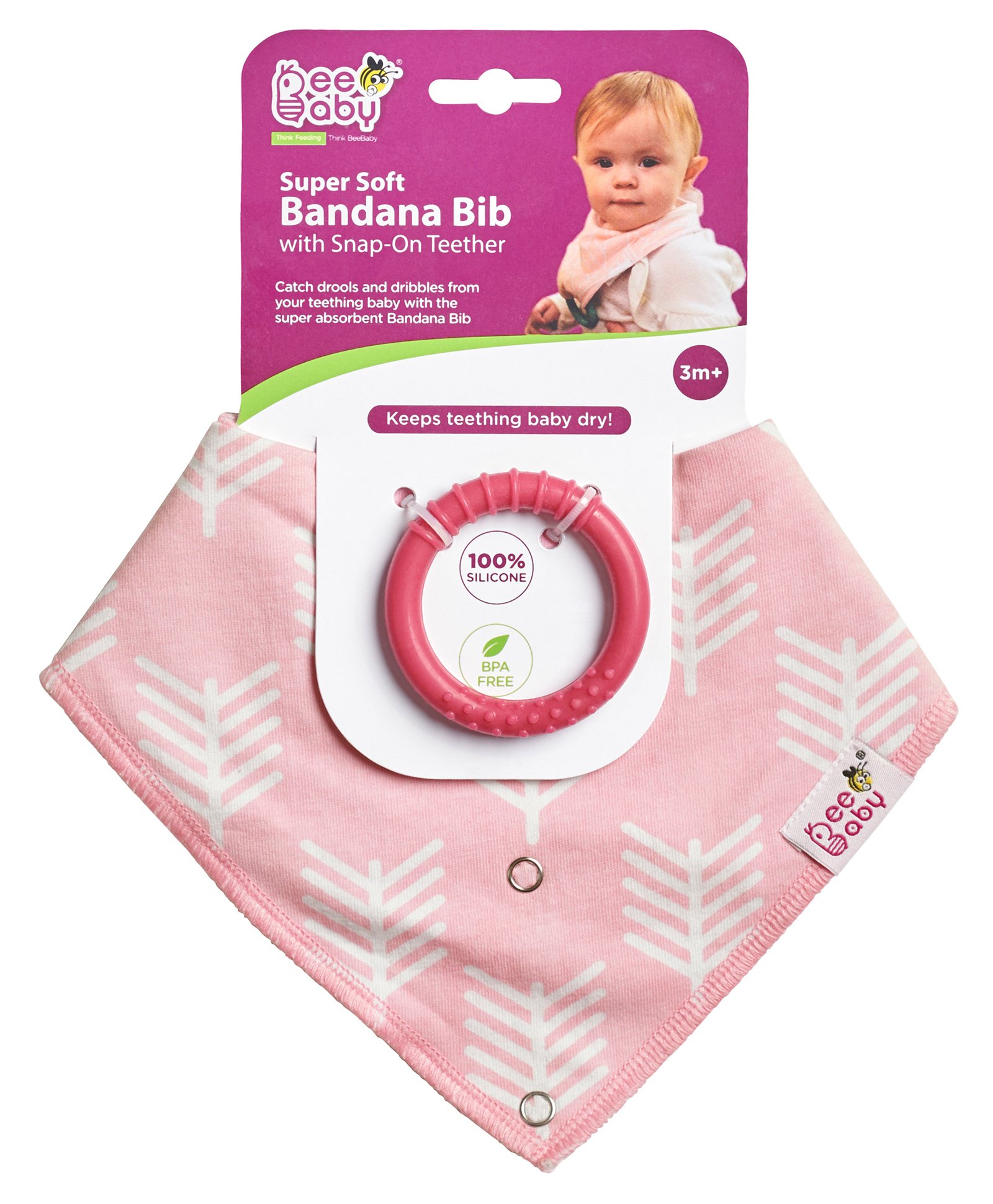 Beebaby Super Soft Bandana Bib with Snap On Teether - Pink-image-44