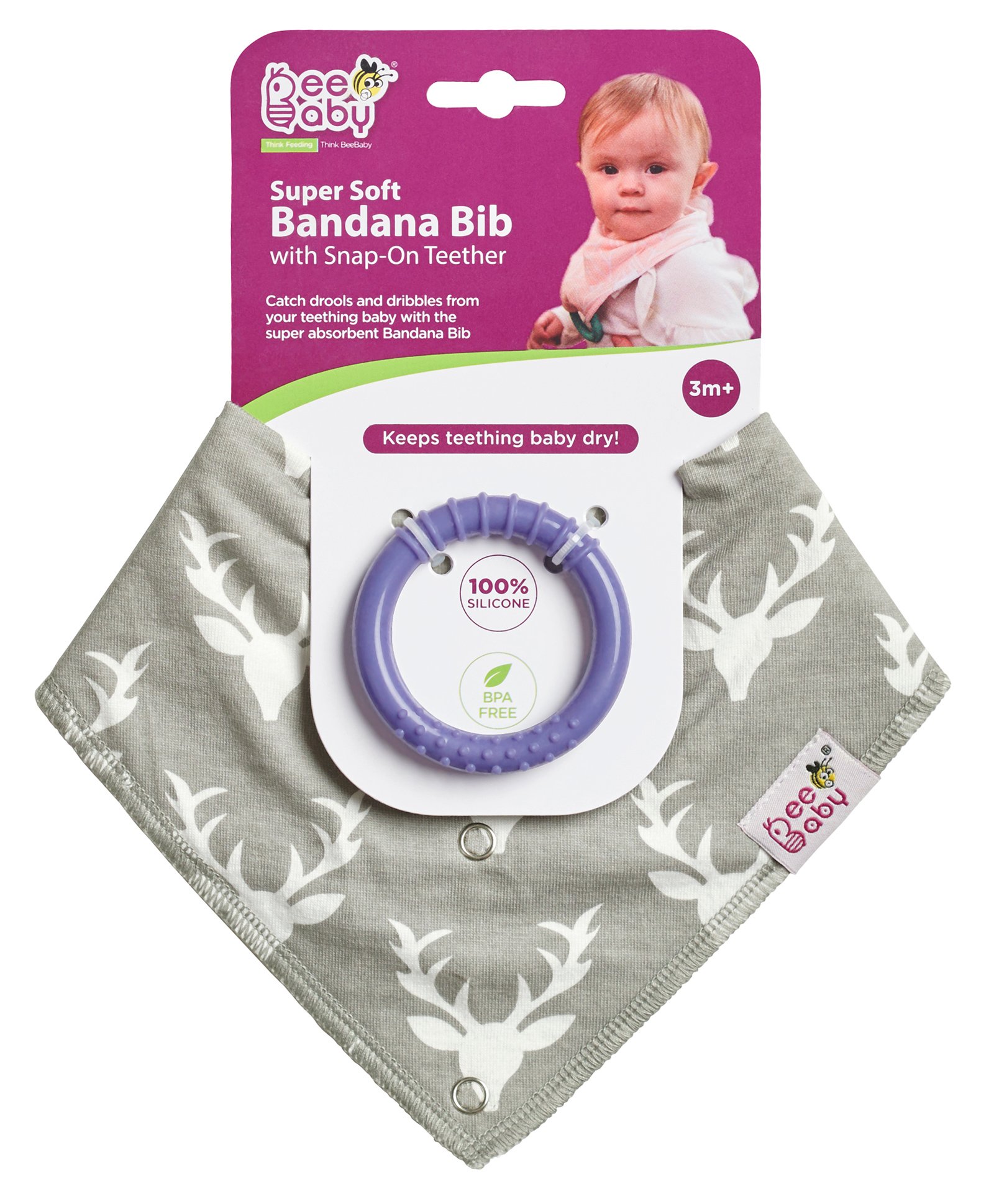 Beebaby Bandana Bib with Snap on Teether Deer Print - Grey-image-4