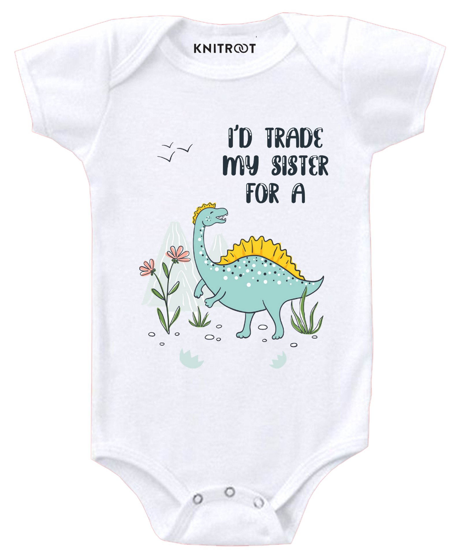 KNITROOT Short Sleeves Trade My Sister Dinosaur Print Onesie  - White-image-9