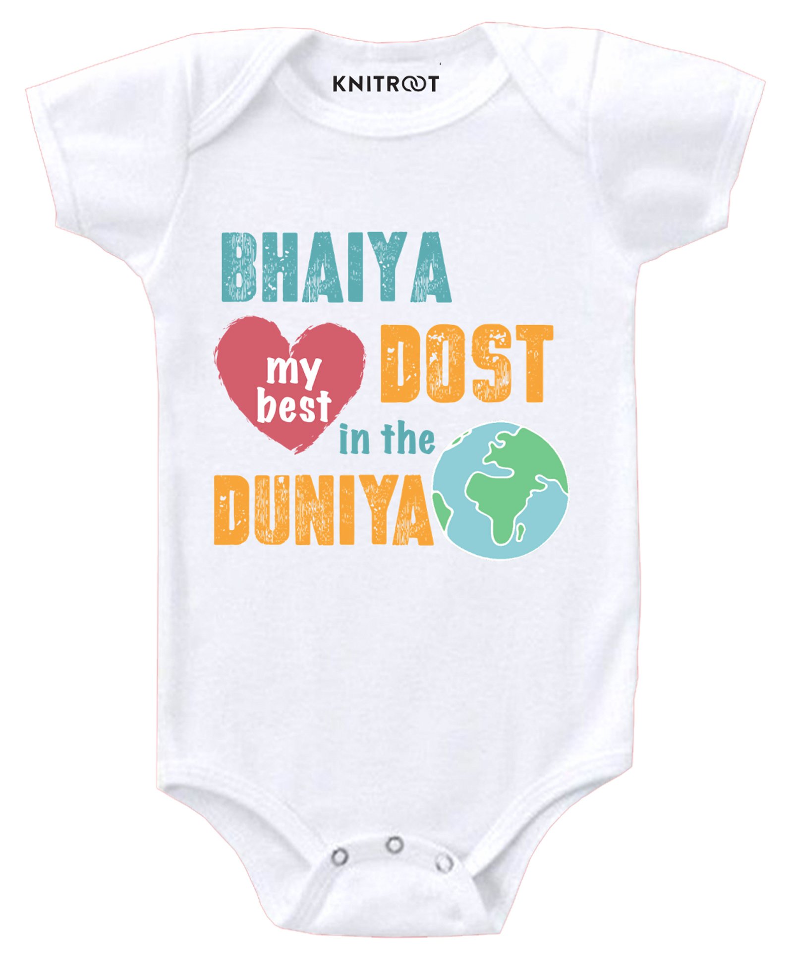 KNITROOT Short Sleeves Bhaiya My Best Dost Print Onesie - White-image-5