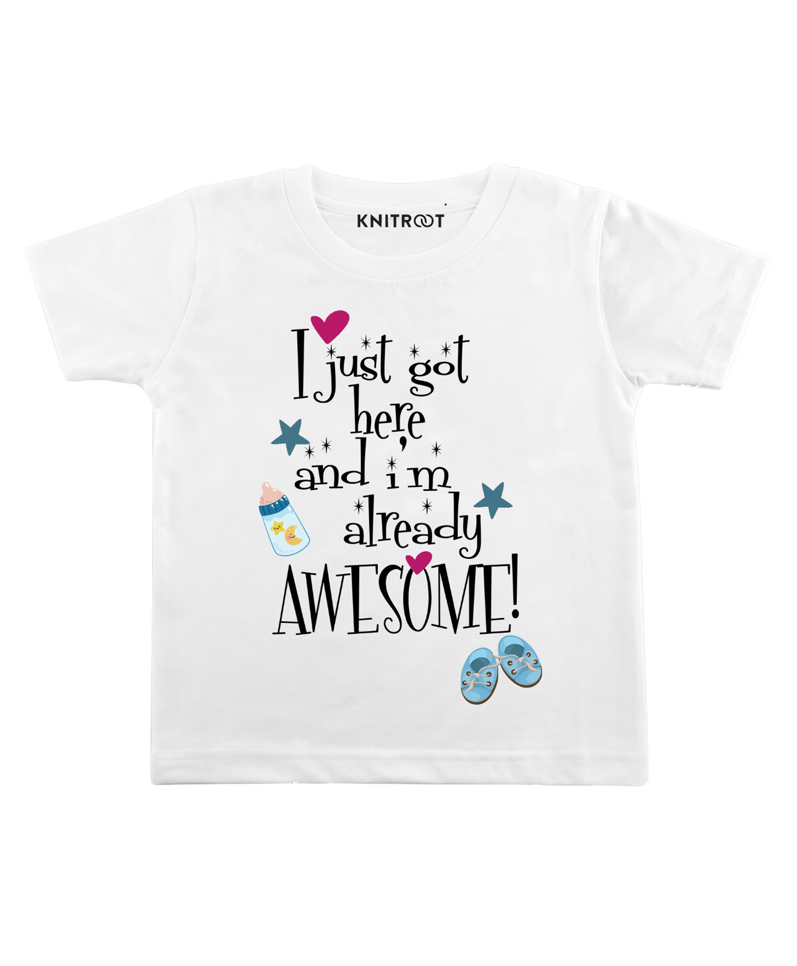 KNITROOT Half Sleeves Just Got And I'm Already Awesome Print T-Shirt - White-image-3