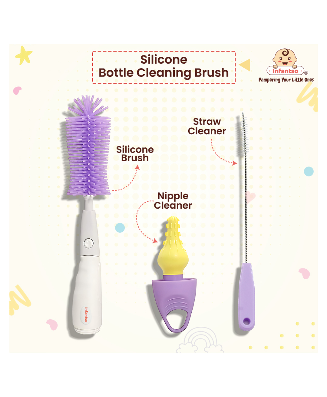 Infantso 3-in-1 Silicone Bottle Cleaning Brush: Deep Clean Baby Bottle, Nipples, and Straws - Purple-picture-27