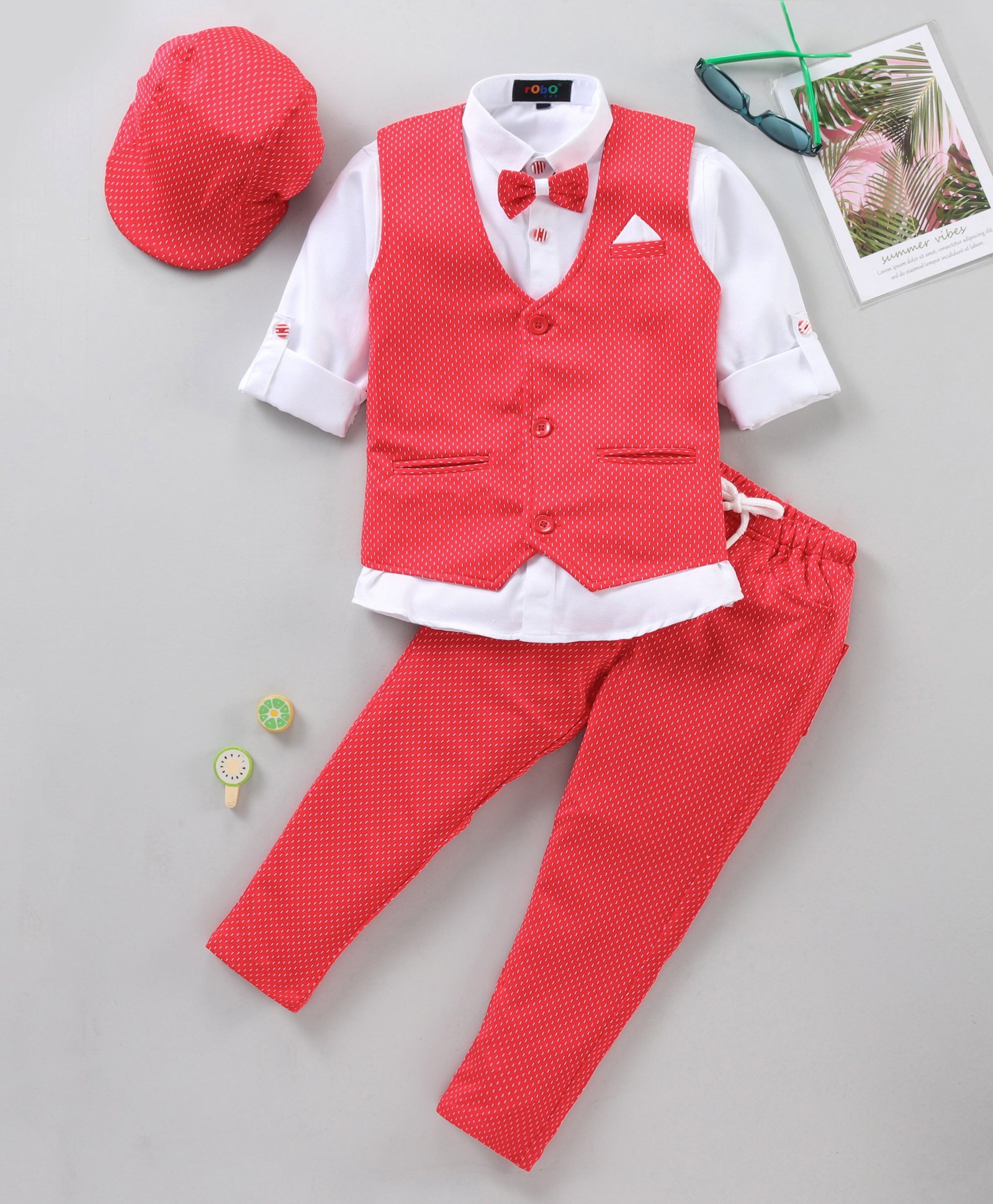 Robo Fry Full Sleeves 4 Piece Full Sleeves Party Suit With Bow - Red (Waistcoat Print May Vary)-picture-24