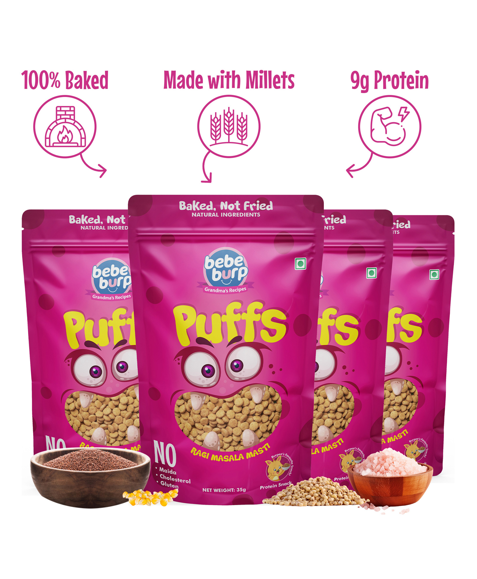 Bebe Burp Grandma's Super Puffs Ragi Masala Pack of 4 - 35 gms each-picture-37