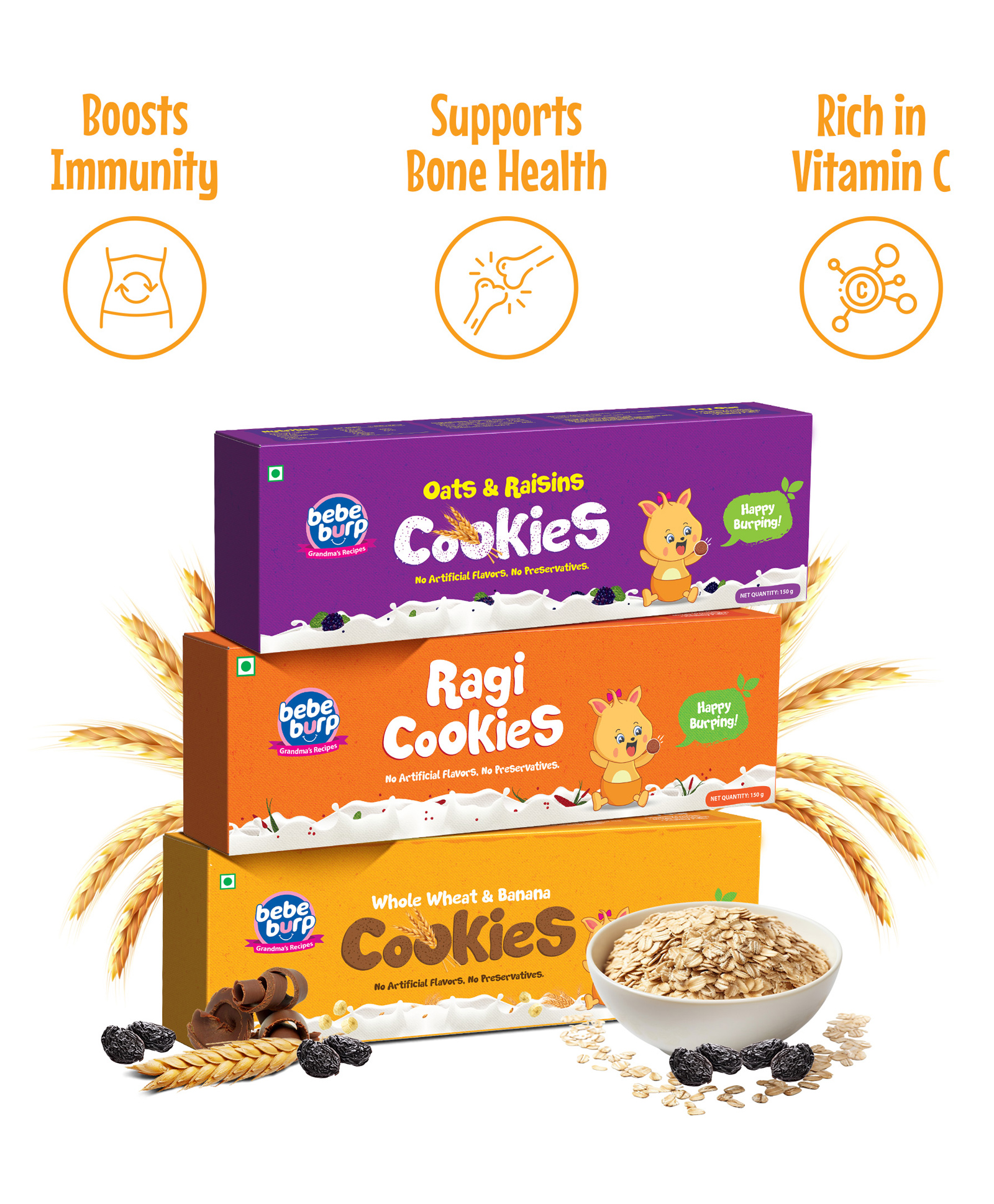 Bebe Burp Organic Baby Food Cookies Pack of 3 - 150 gm Each