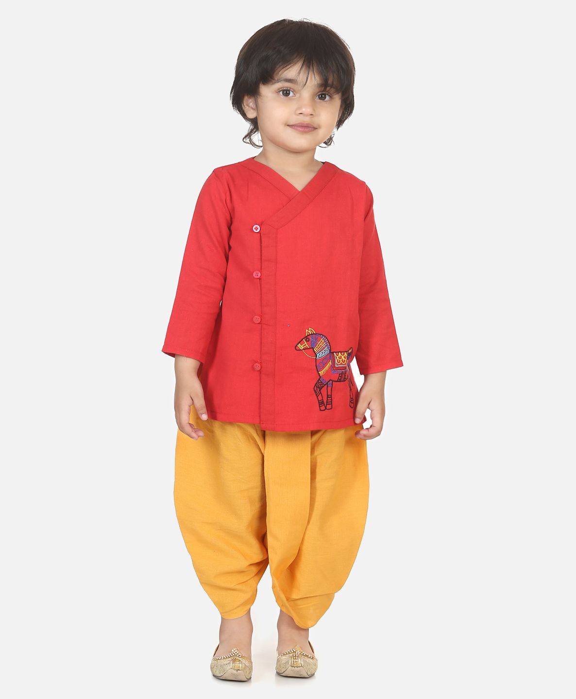 BownBee Full Sleeves Horse Embroidery Kurta & Dhoti Set - Red-image-16