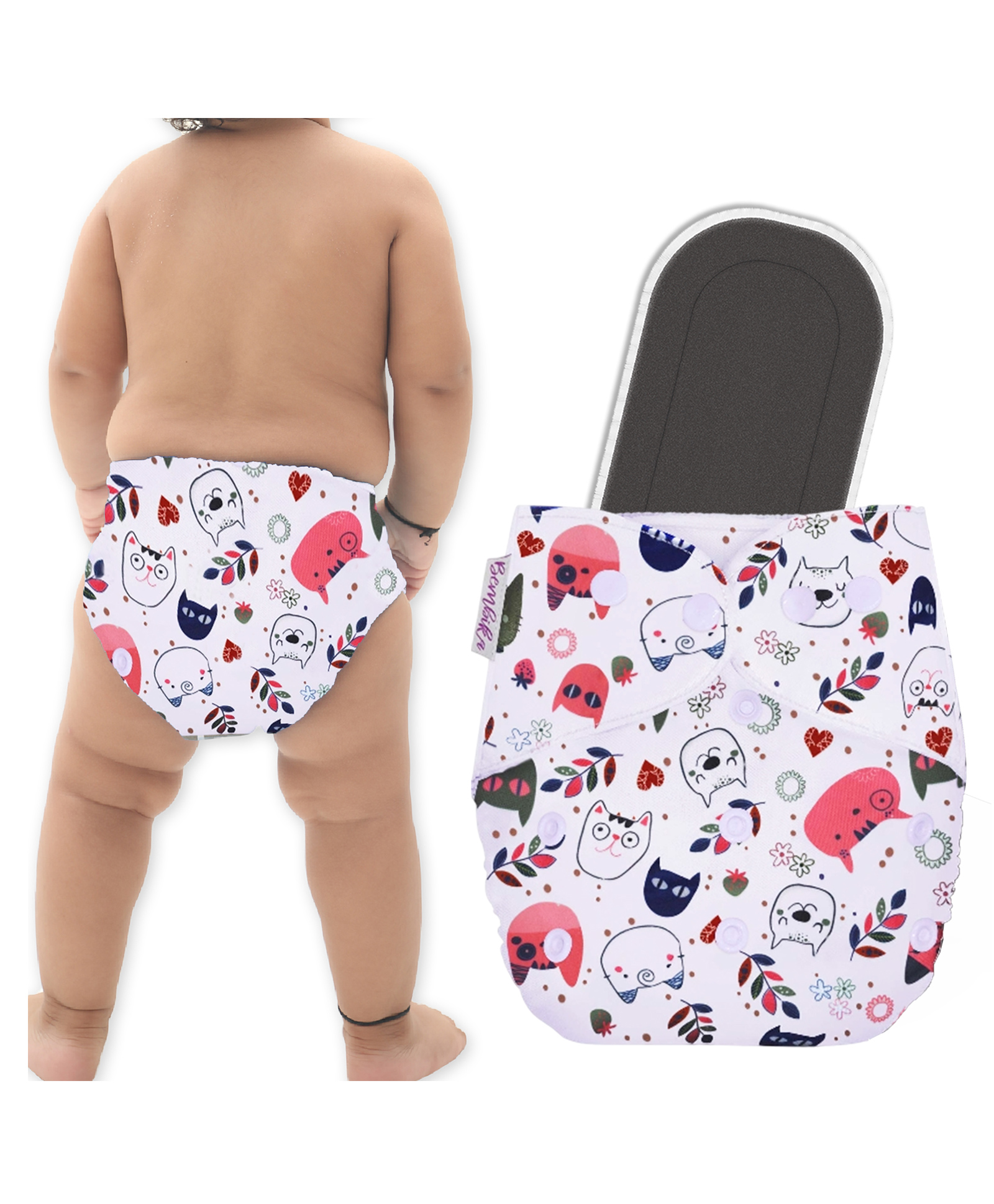 Bembika Cloth Diaper with 5 Layered Bamboo Insert Kitty Print - Multicolor-image-48