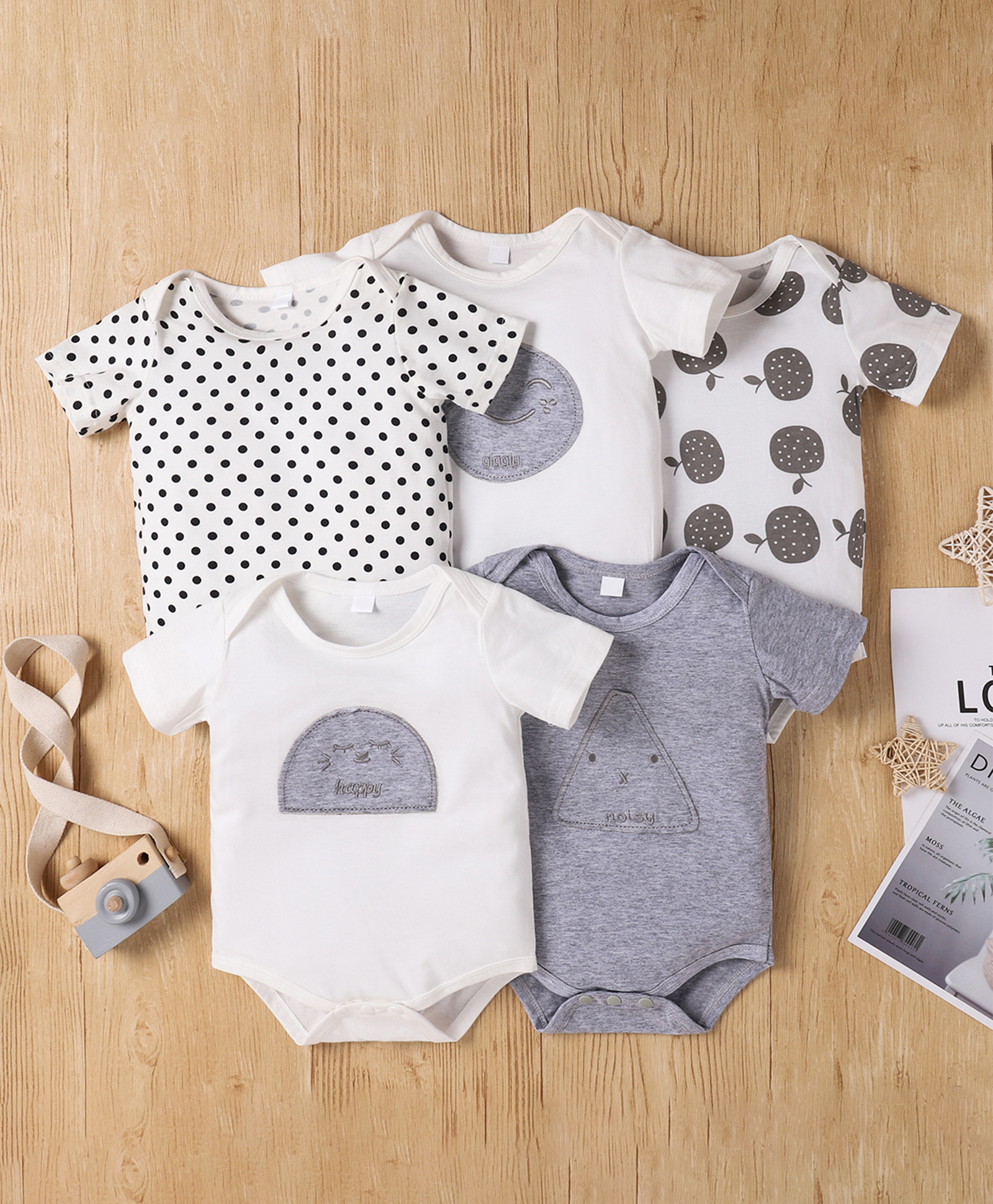 Kookie Kids Half Sleeves Onesie Polka Dot Print Pack of 5  - Grey-picture-0
