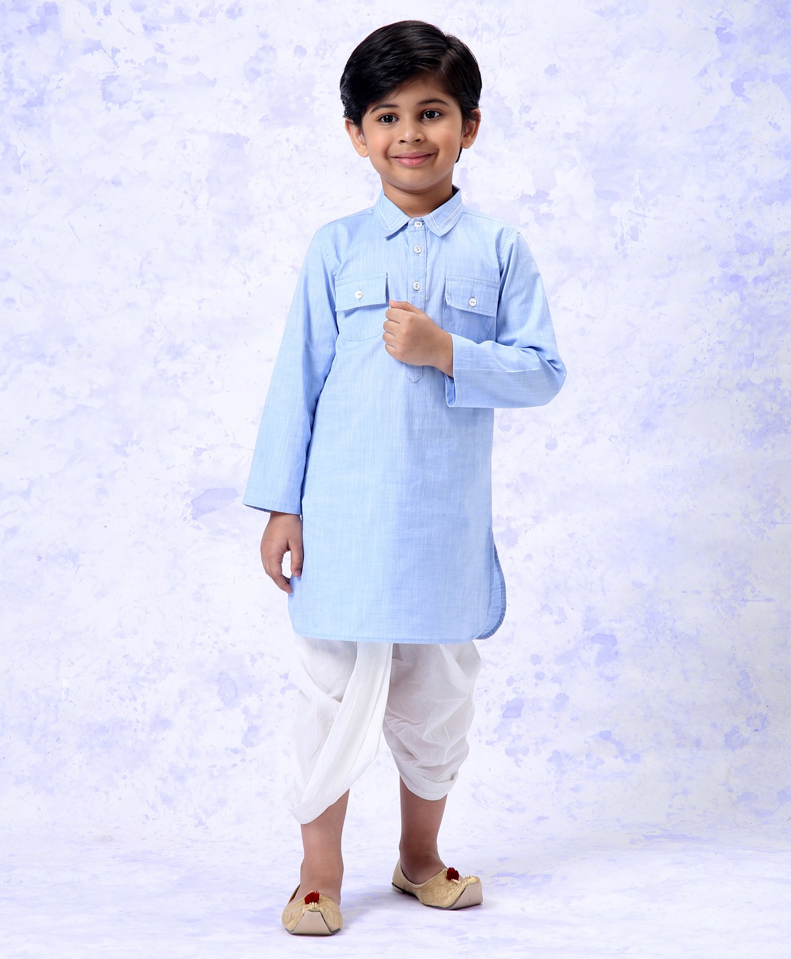 Babyhug Full Sleeves Dhoti Kurta Set Solid Color - White Blue-picture-18