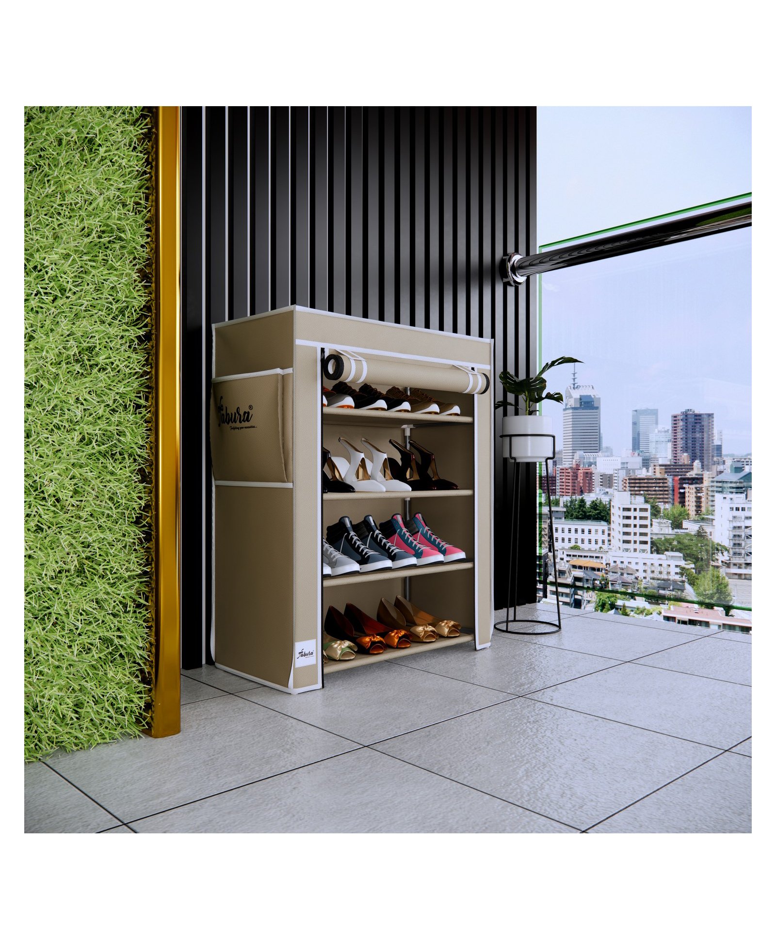Fabura 4 Shelved Shoe Rack with Flap Cover - Beige-picture-12