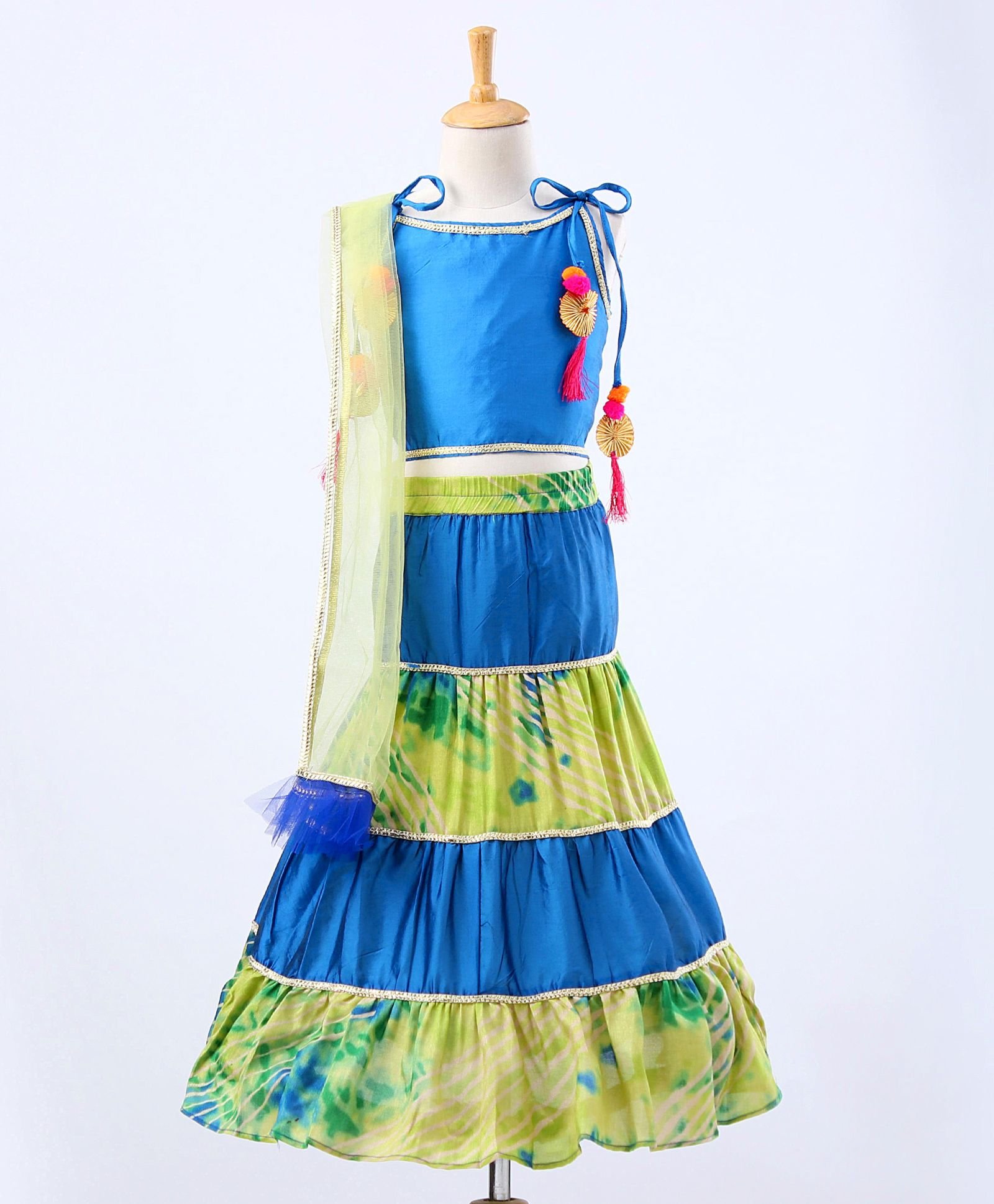 Pspeaches Sleeveless Strap Detailed Choli With Layered Lehenga & Dupatta - Blue-picture-13