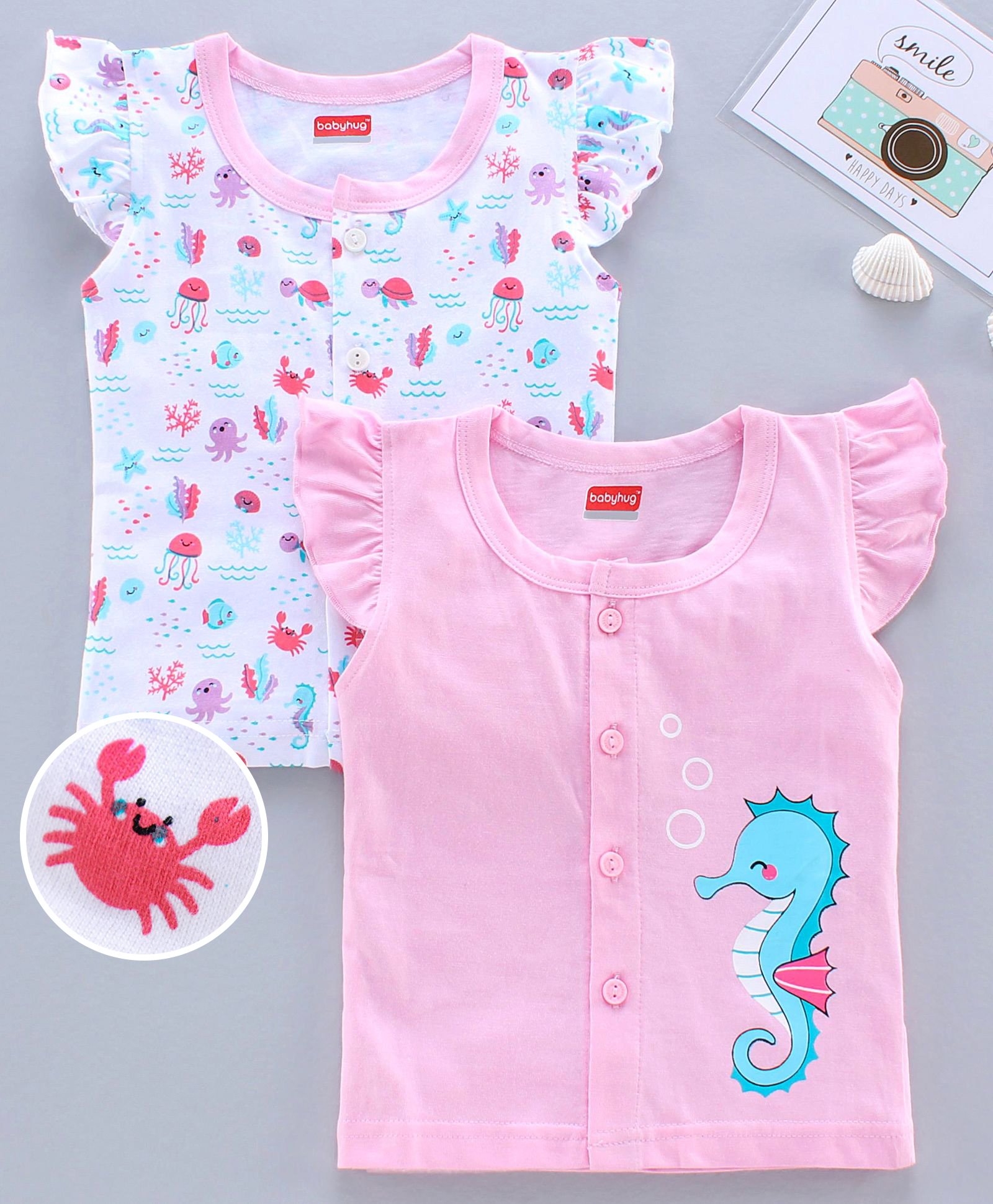 Babyhug 100%Cotton Cap Sleeves Vests Sea Horse Print Pack of 2 - Pink White-picture-22