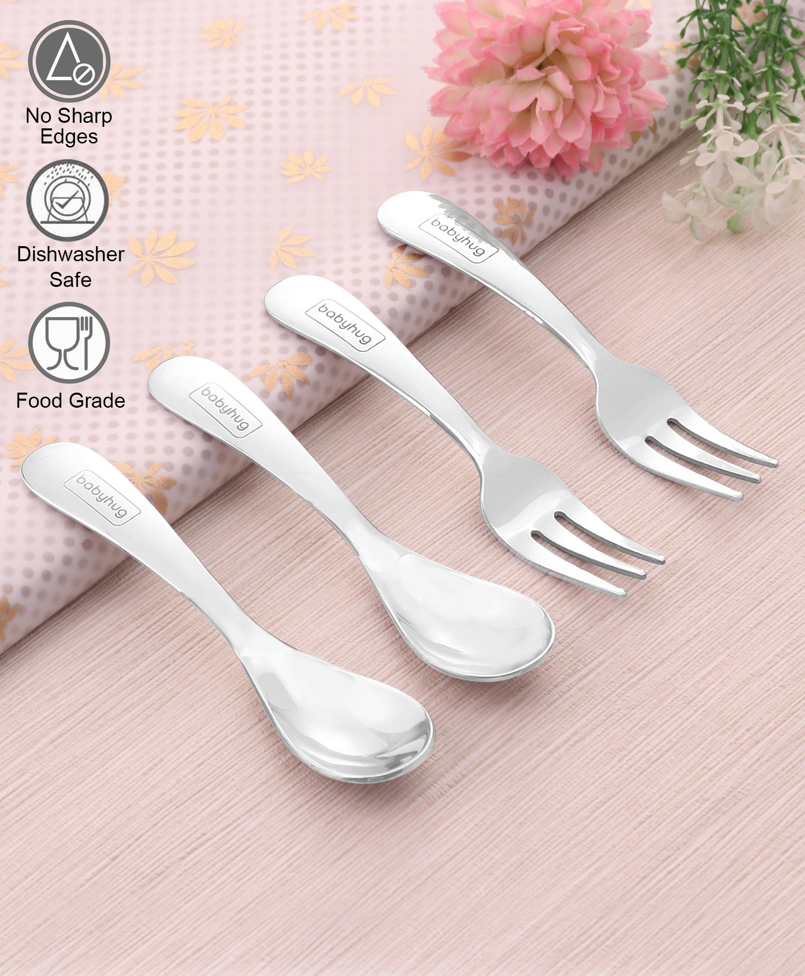 Babyhug Stainless Steel Spoon & Fork Set of 4 - Silver