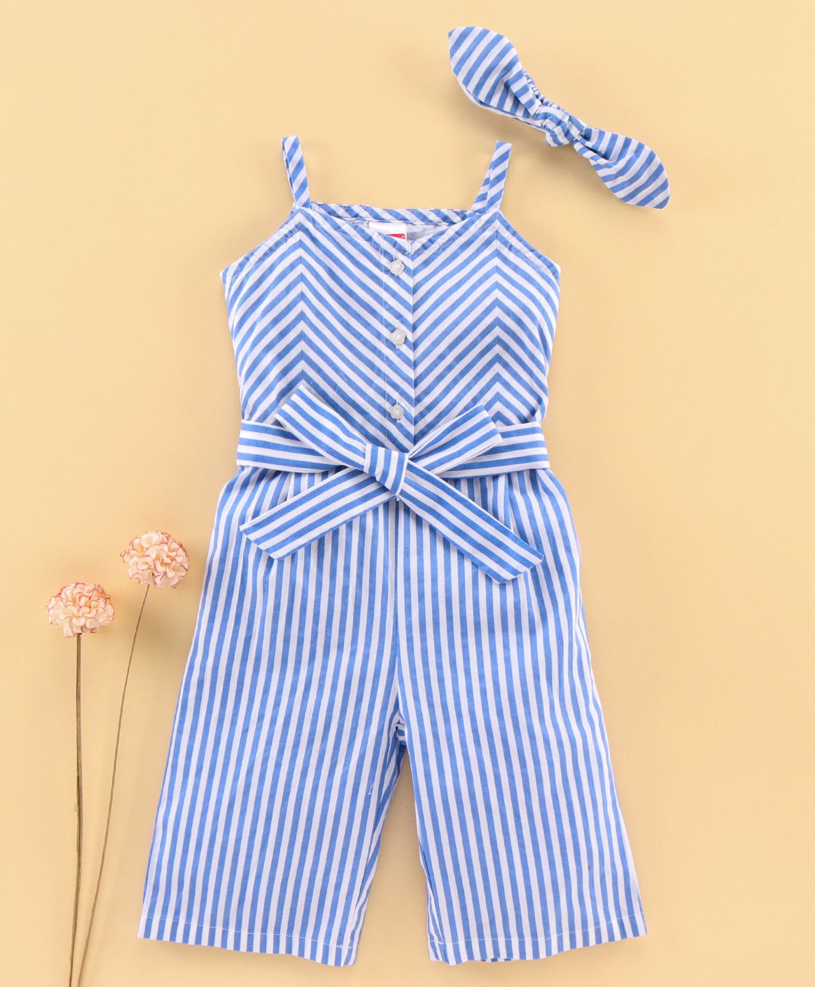 Babyhug Sleeveless Striped Jumpsuit - Blue-image-17
