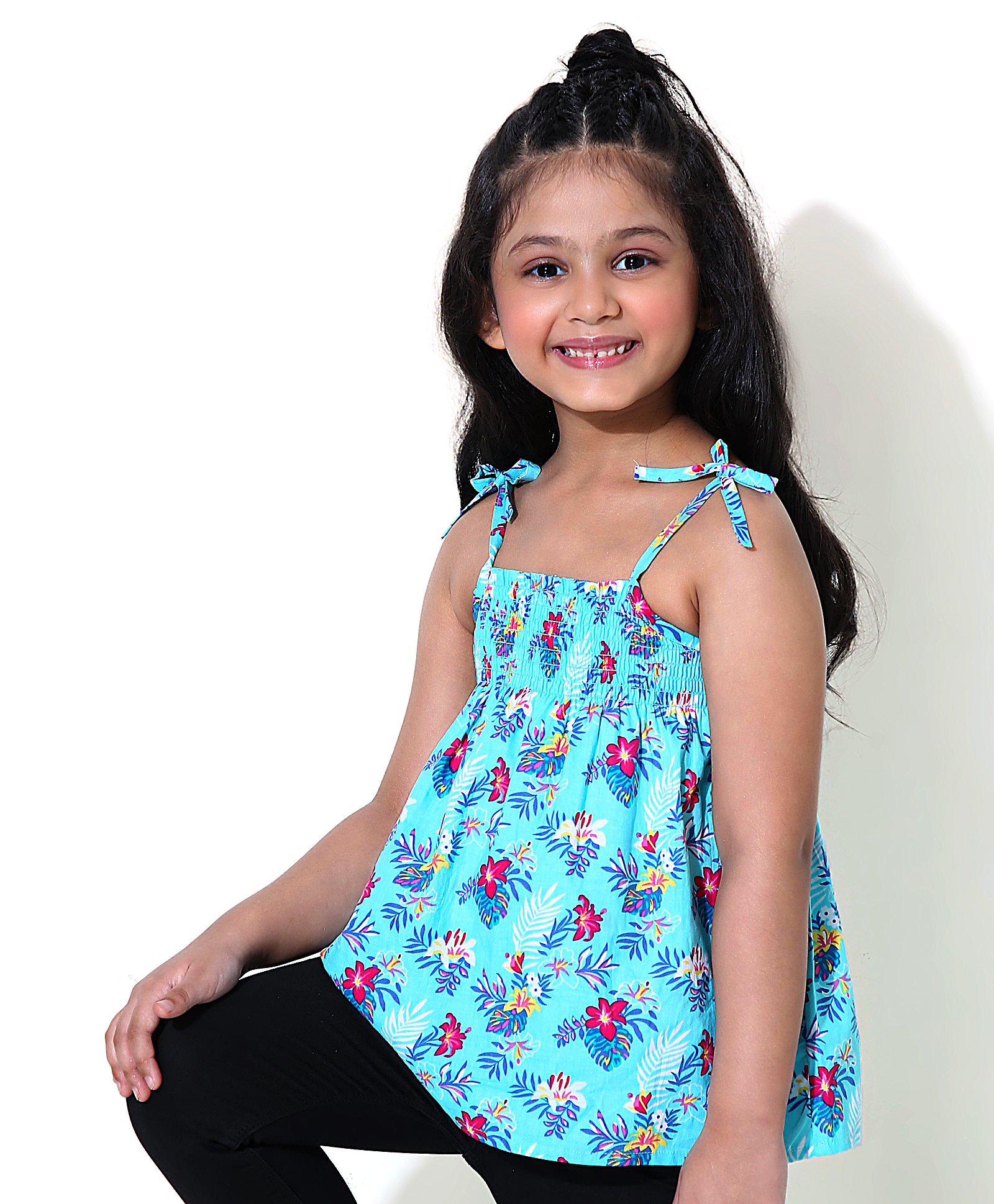 Babyhug Singlet Sleeves Top Floral Print - Blue-image-0