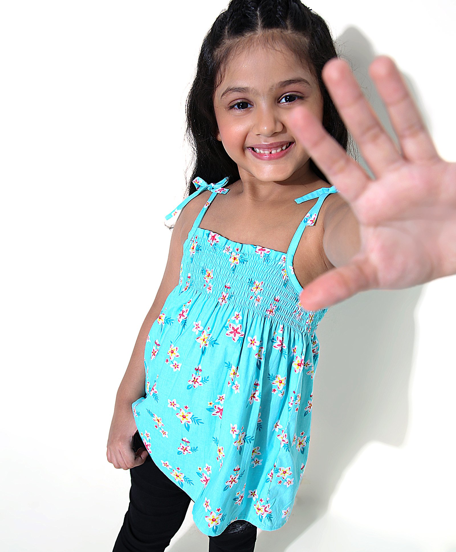 Babyhug Singlet Sleeves Top Floral Print - Blue-image-1