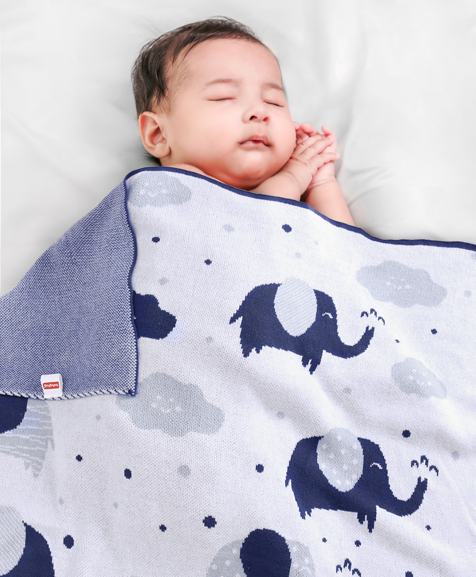 Babyhug Premium Knitted 100% Cotton All Season Blanket Polar Elephant Print - Blue White-image-23
