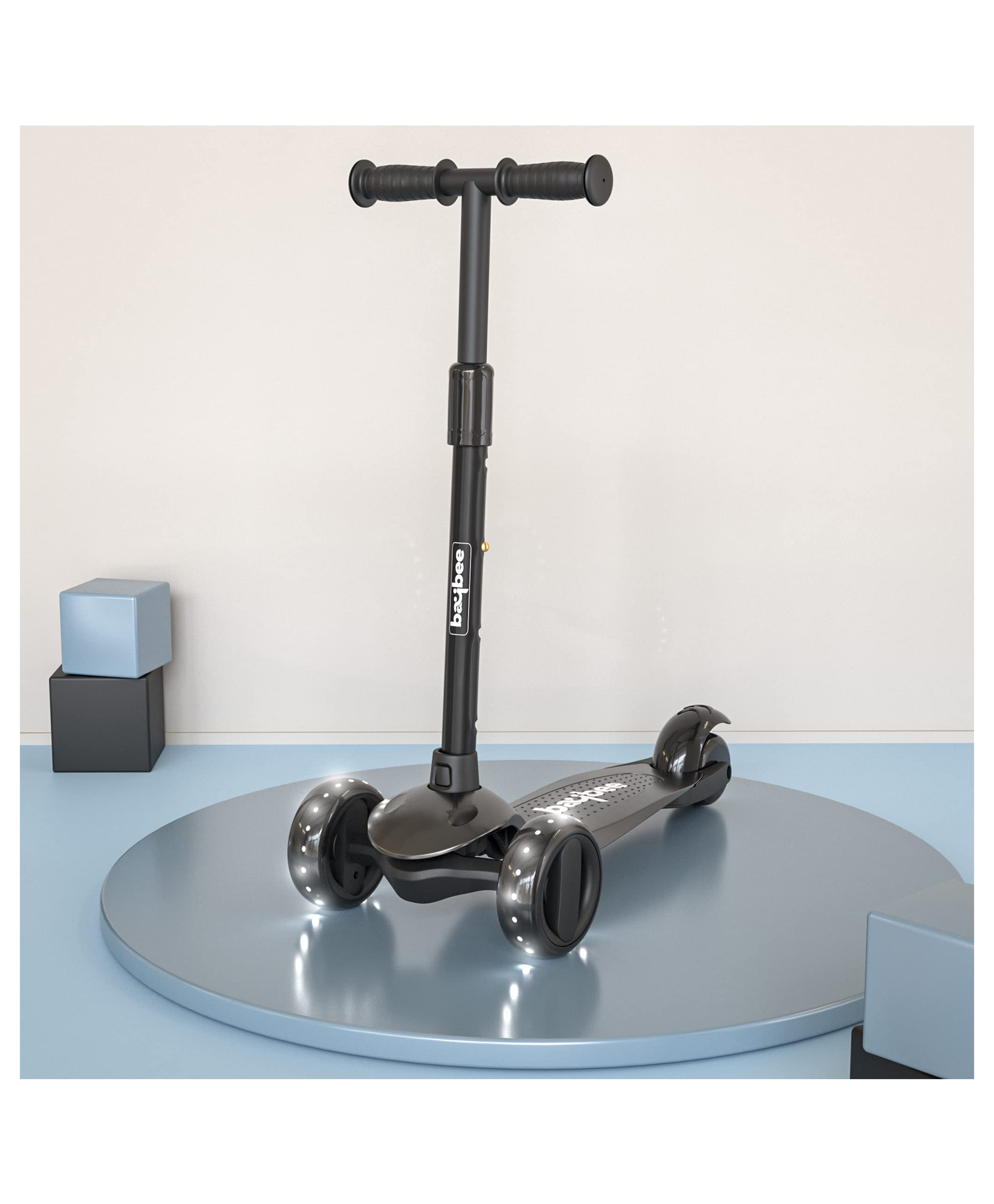 BAYBEE Alpha Kick Scooter for Kids 3 Wheel Kids Scooter with 4 Height Adjustable Handle Runner Scooter with LED PU Wheels & Brake Skate Scooter for Kids - Black