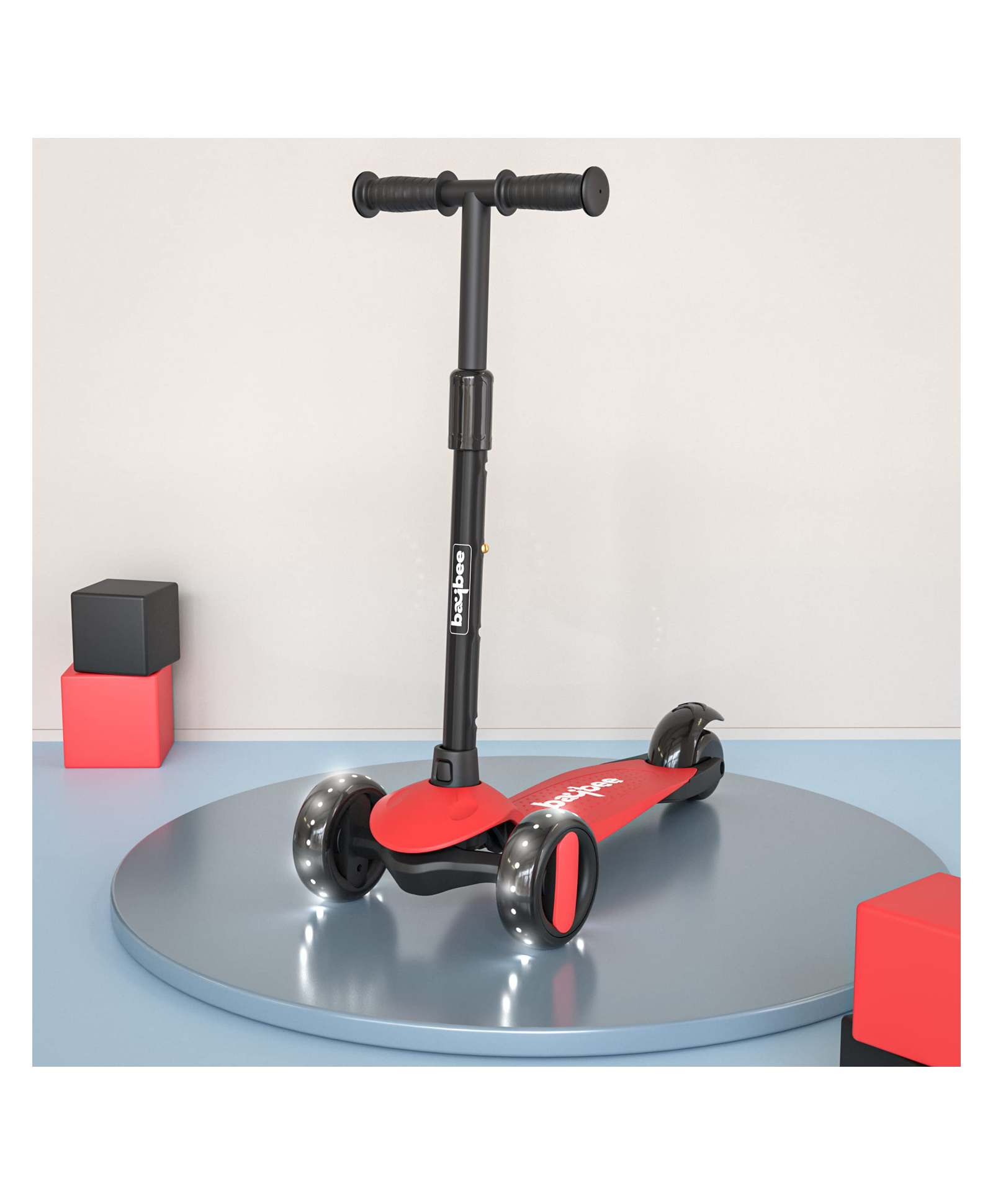 BAYBEE Alpha Kick Scooter for Kids 3 Wheel Kids Scooter with 4 Height Adjustable Handle Runner Scooter with LED PU Wheels & Brake Skate Scooter for Kids - Red