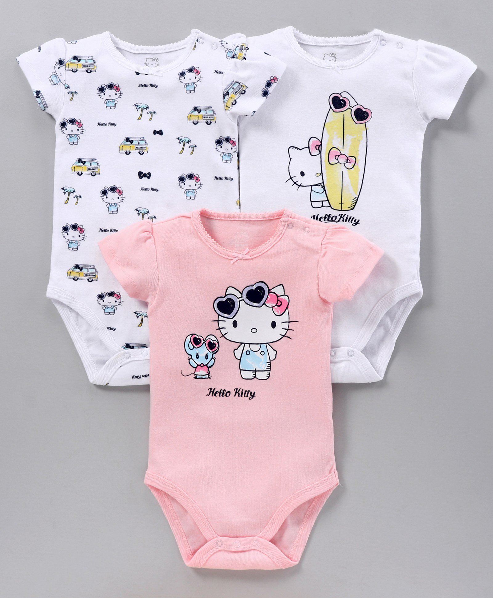 Fox Baby Half Sleeves Onesies Hello Kitty Print Pack of 3 - White Pink-picture-10