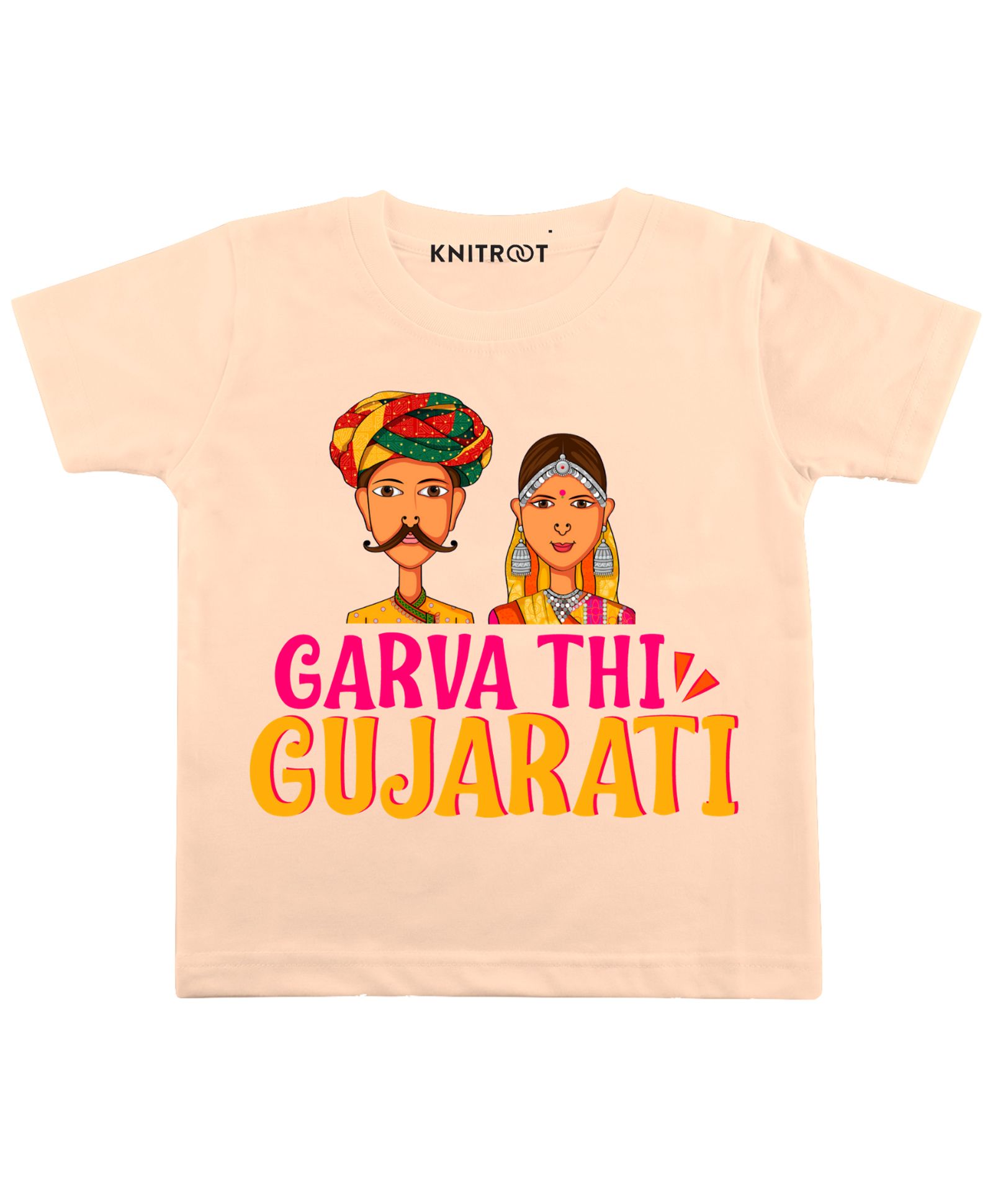 KNITROOT Gujarati Print Half Sleeves Tee - Peach-image-48