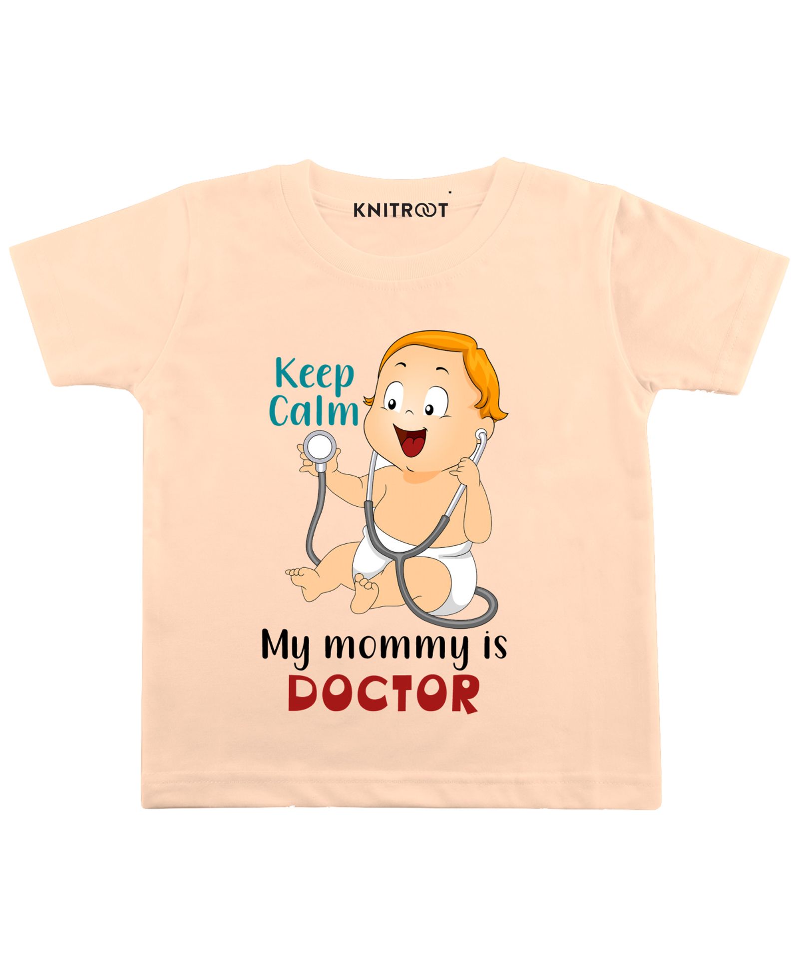 KNITROOT Half Sleeves My Mommy Is Doctor Printed Tee - Peach-image-2
