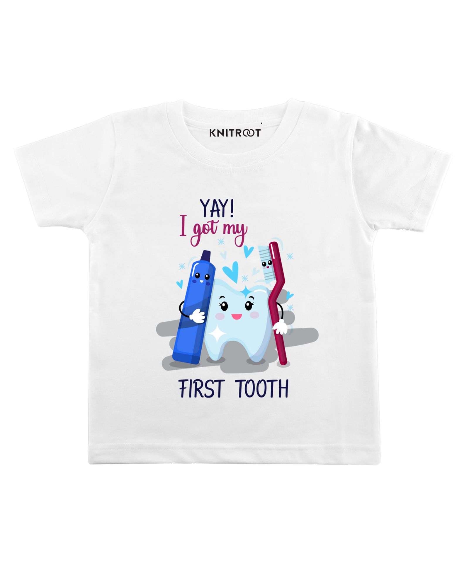 KNITROOT Half Sleeves Yay I Got My First Tooth Print T-Shirt - White-image-35