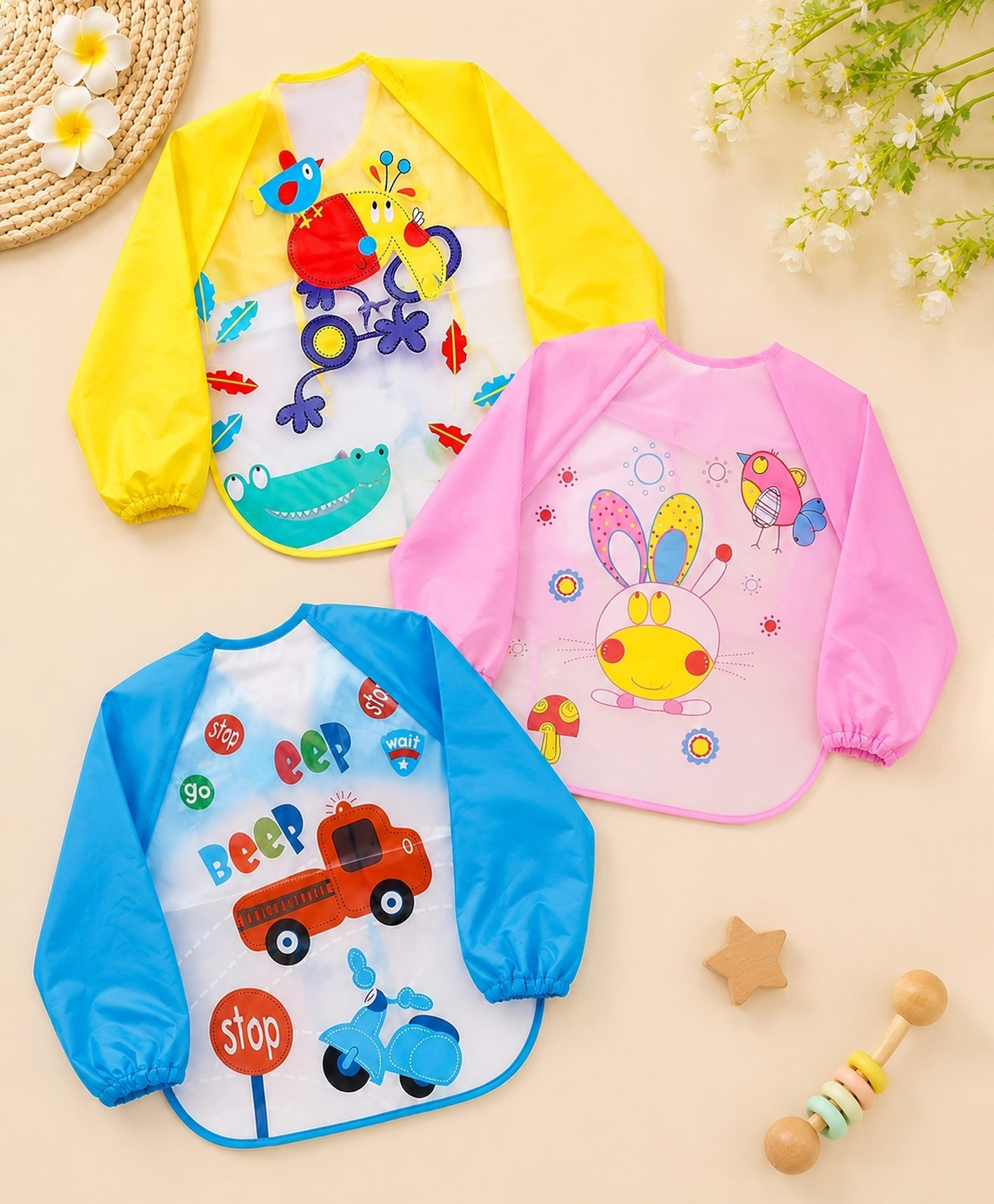 The Little Lookers Waterproof Sleeved Bib Printed Pack Of 3 ( Color May Vary )-image-46