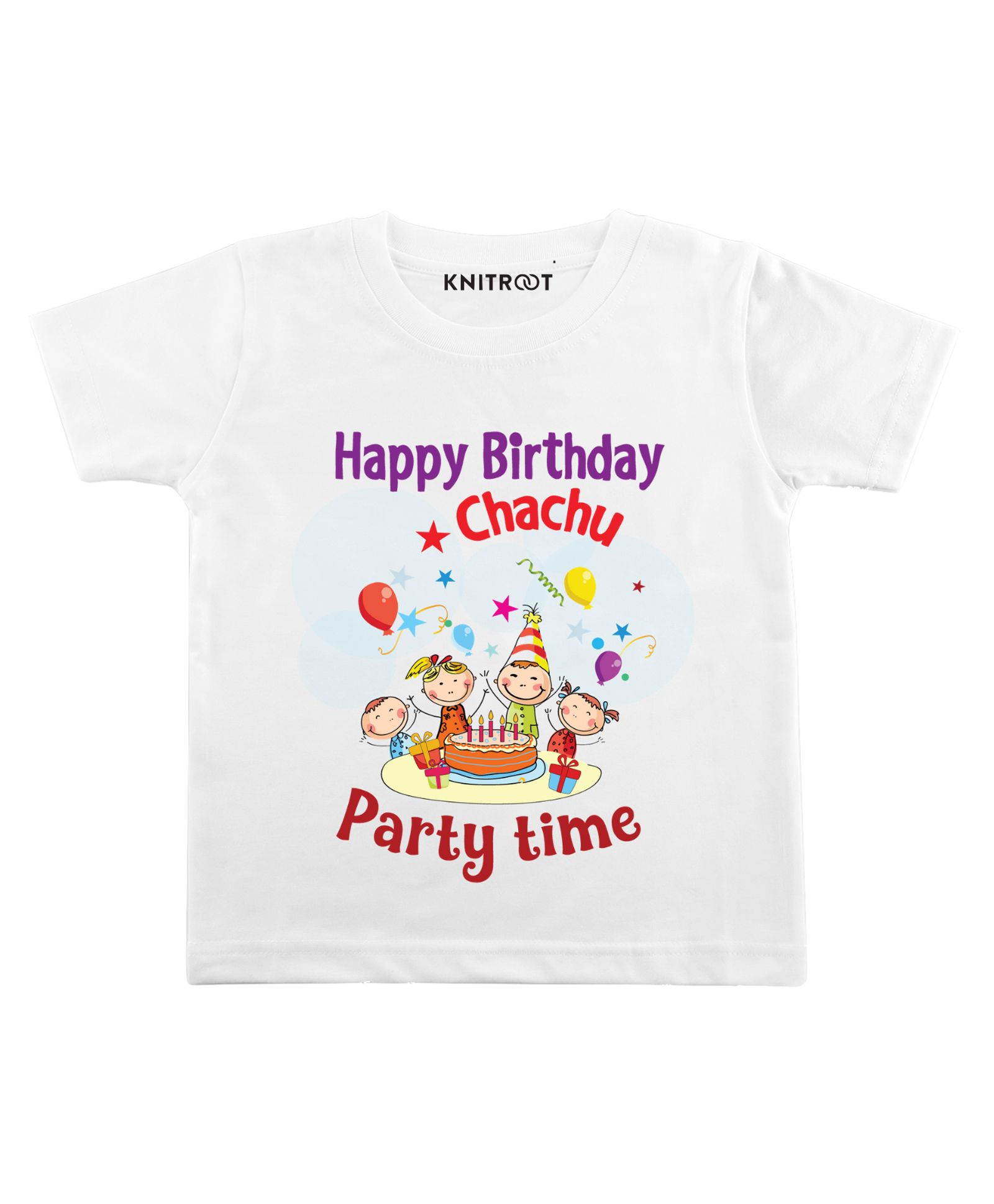KNITROOT Half Sleeves Chachu Party Time Print T-Shirt - White-image-5