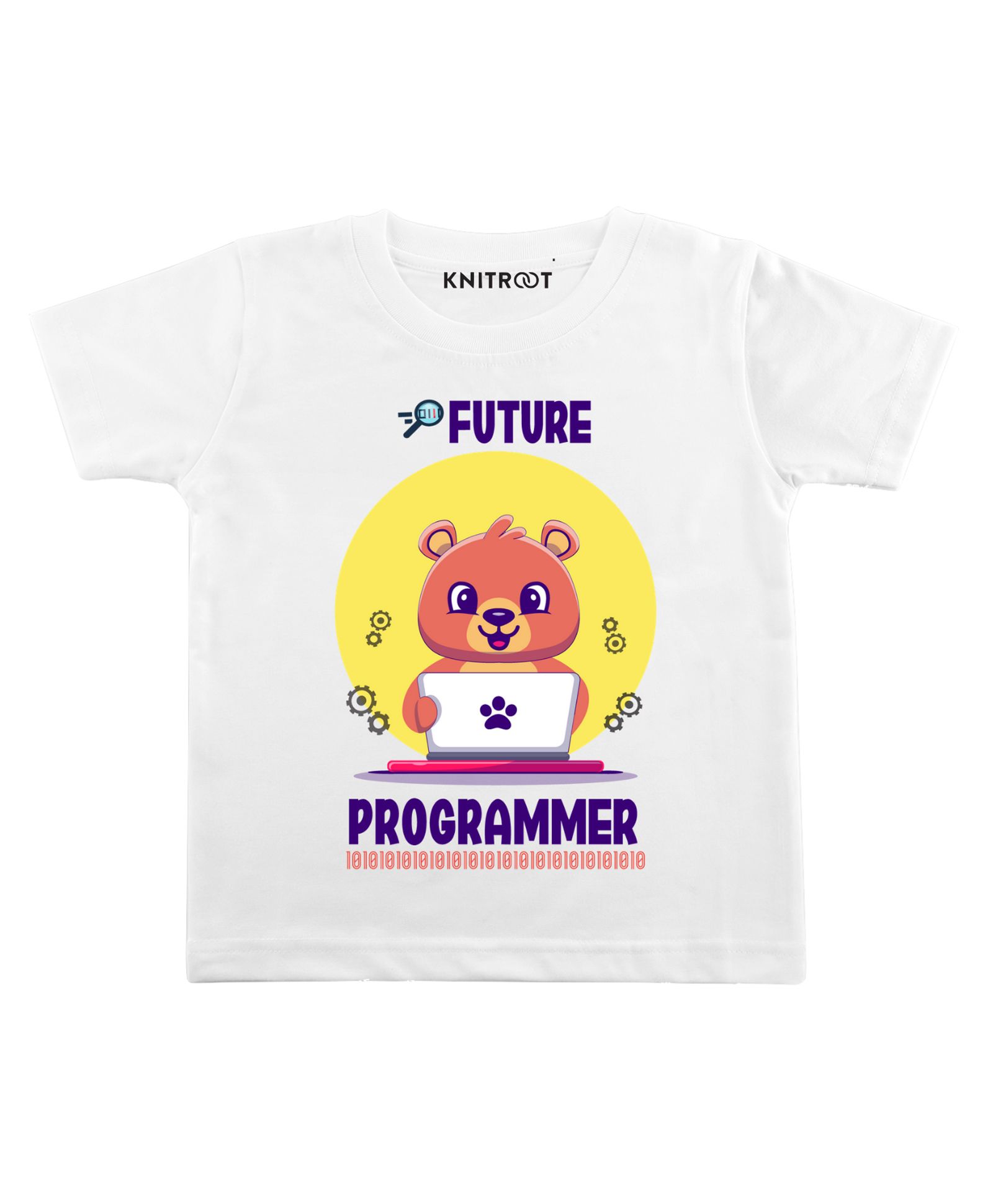 KNITROOT Half Sleeves Future Programmer With Laptop Print T-Shirt - White-picture-16