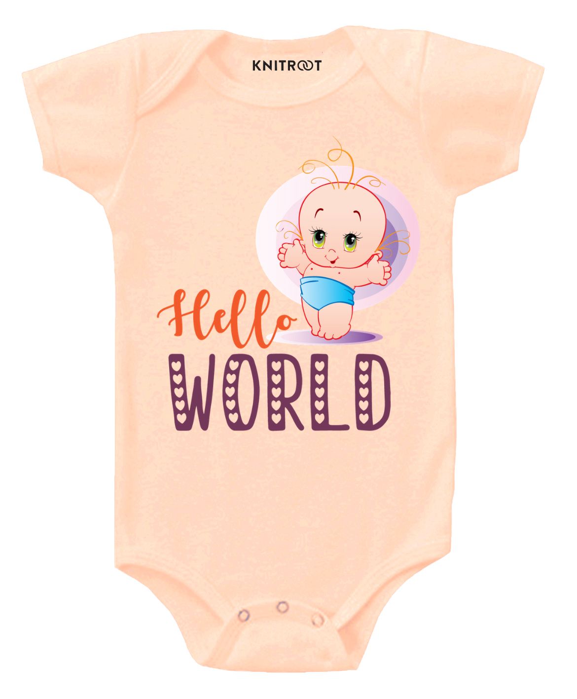 KNITROOT Hello World Baby Print Short Sleeves Onesie - Peach-image-34
