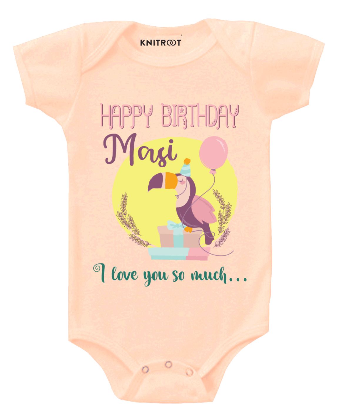 KNITROOT Half Sleeves Happy Birthday Masi Print Onesie - Peach-image-33