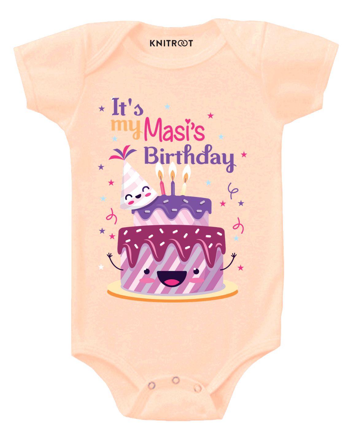 KNITROOT Half Sleeves It's My Masi's Birthday Print Onesie - Peach-image-11