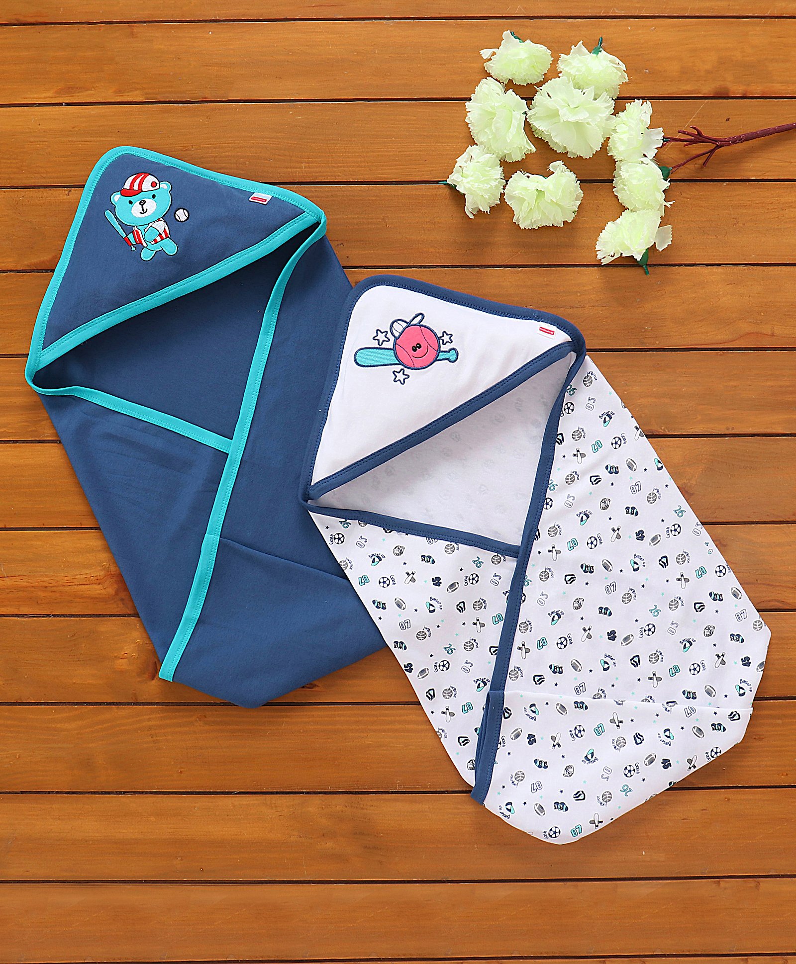 Babyhug Hooded Wrapper Sports Print Pack of 2 - Blue and White-picture-15