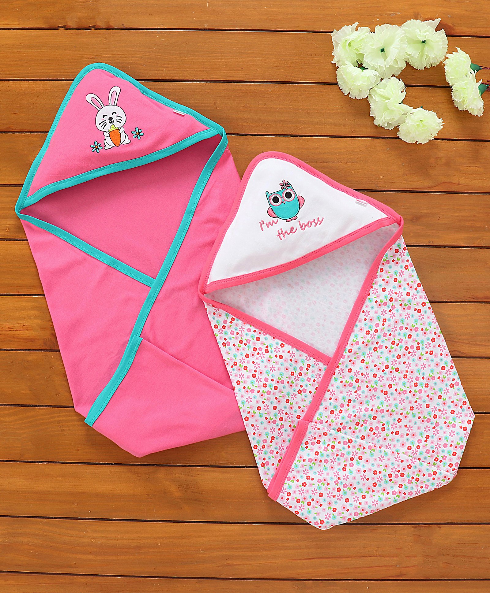 Babyhug Hooded Wrapper Floral Print Pack of 2-Pink And White-picture-20
