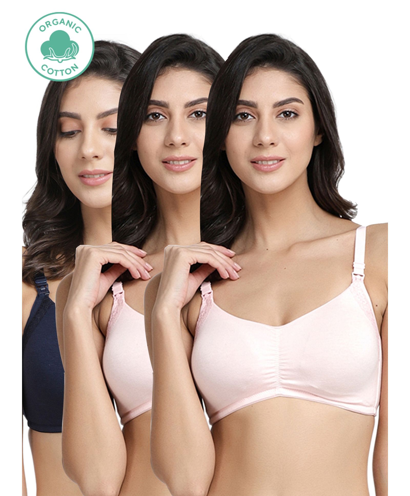 Inner Sense Pack Of 3 Organic Cotton Antimicrobial Solid Colour Nursing Bra - Pink & Navy Blue-image-22