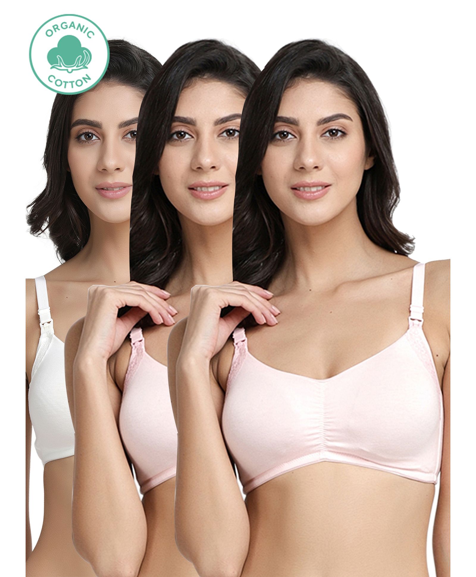 Inner Sense Pack Of 3 Organic Cotton Antimicrobial Solid Colour Nursing Bra - Pink & White-image-41