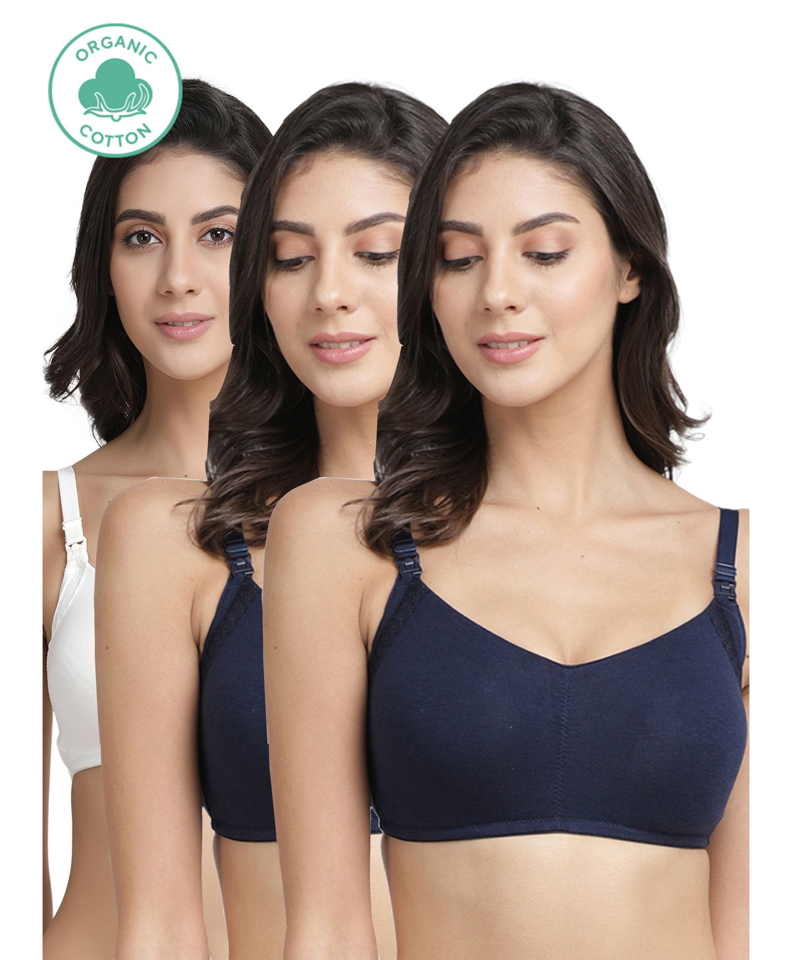 Inner Sense Pack Of 3 Organic Cotton Antimicrobial Solid Colour Nursing Bra - Navy Blue & White-image-44