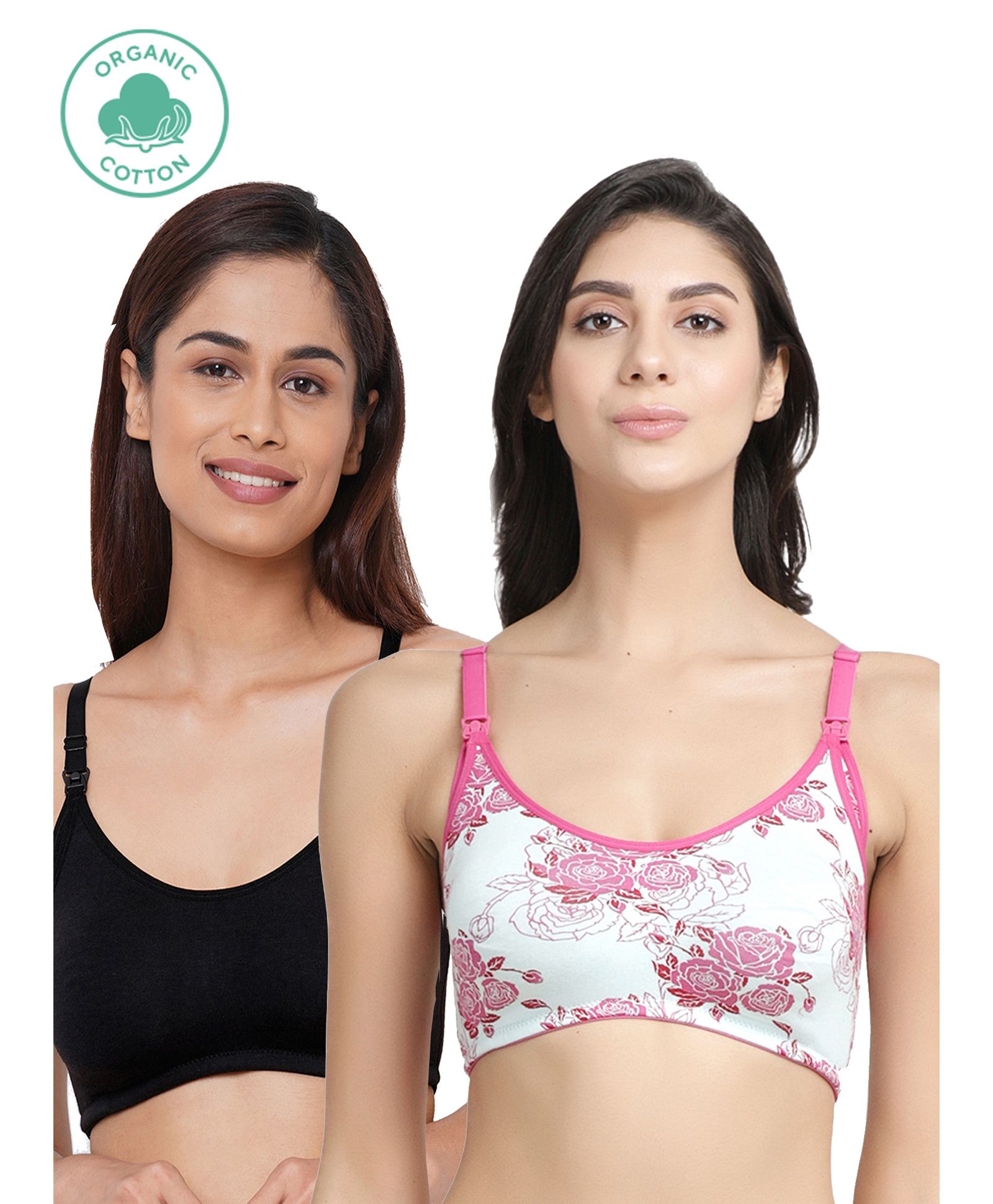 Inner Sense Pack Of 2 Organic Cotton Antimicrobial Rose Printed & Solid Colour Nursing Bra - Pink & Black-picture-44