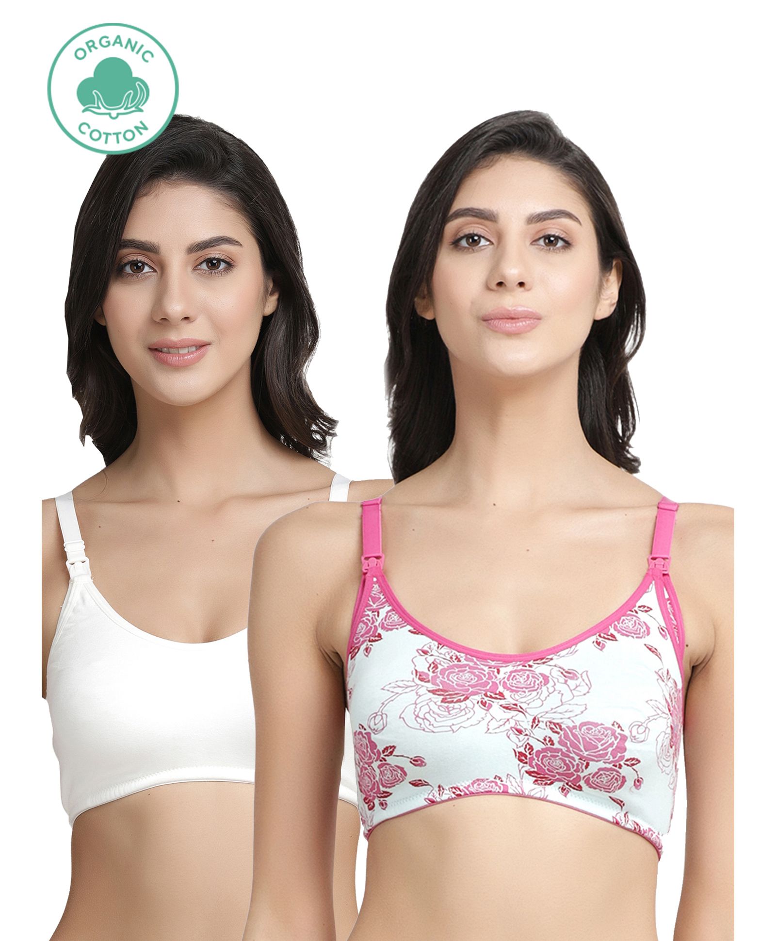 Inner Sense Pack Of 2 Organic Cotton Antimicrobial Rose Printed & Solid Colour Nursing Bra - Pink & White-image-34
