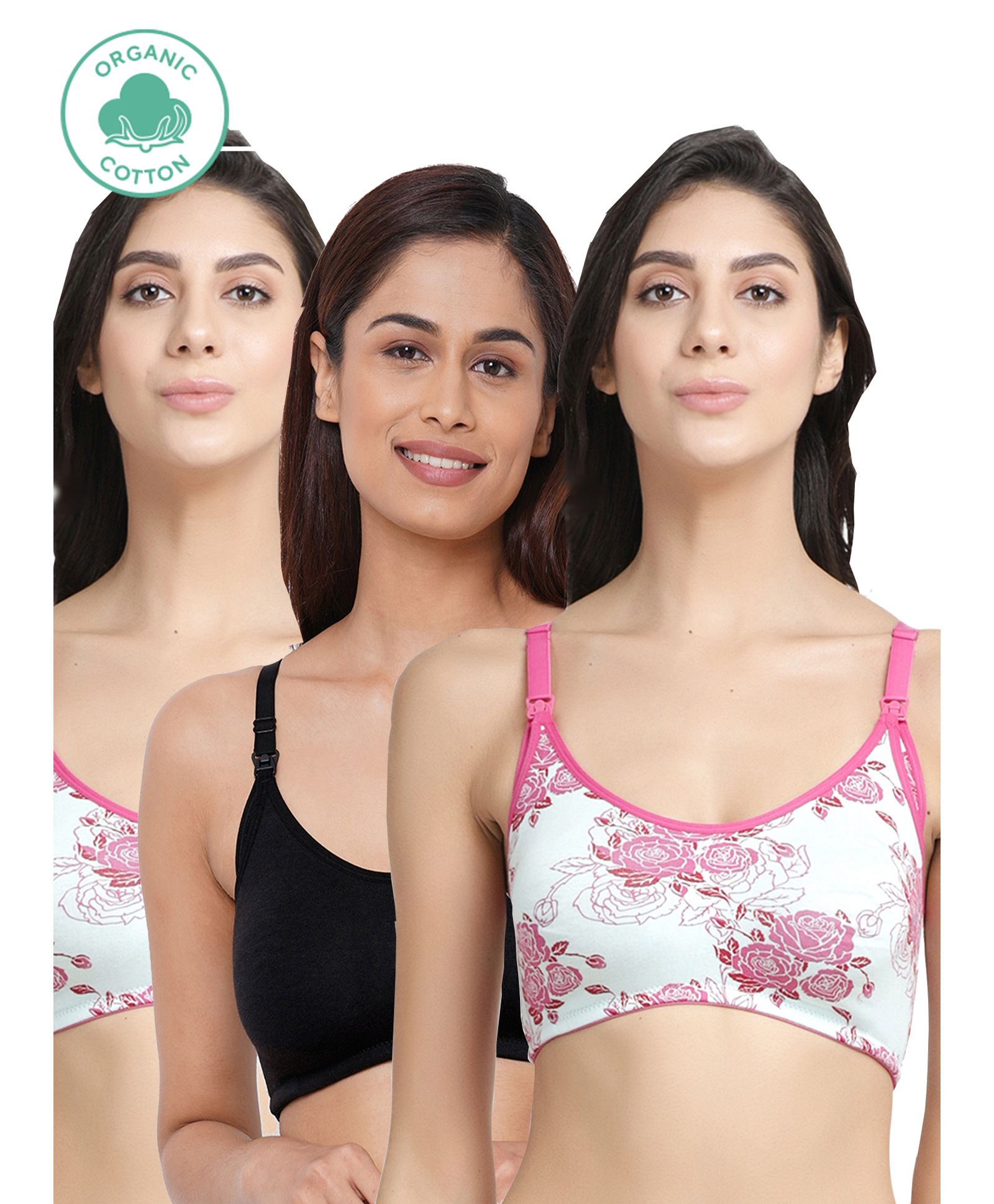 Inner Sense Pack Of 3 Floral Print Organic Cotton Antimicrobial Soft Nursing Bra - Black Pink-image-24