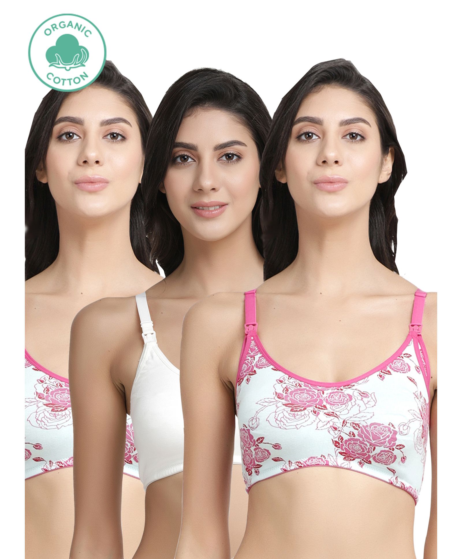 Inner Sense Pack Of 3 Flower Print Organic Cotton Antimicrobial Soft Nursing Bra - White Pink-image-22