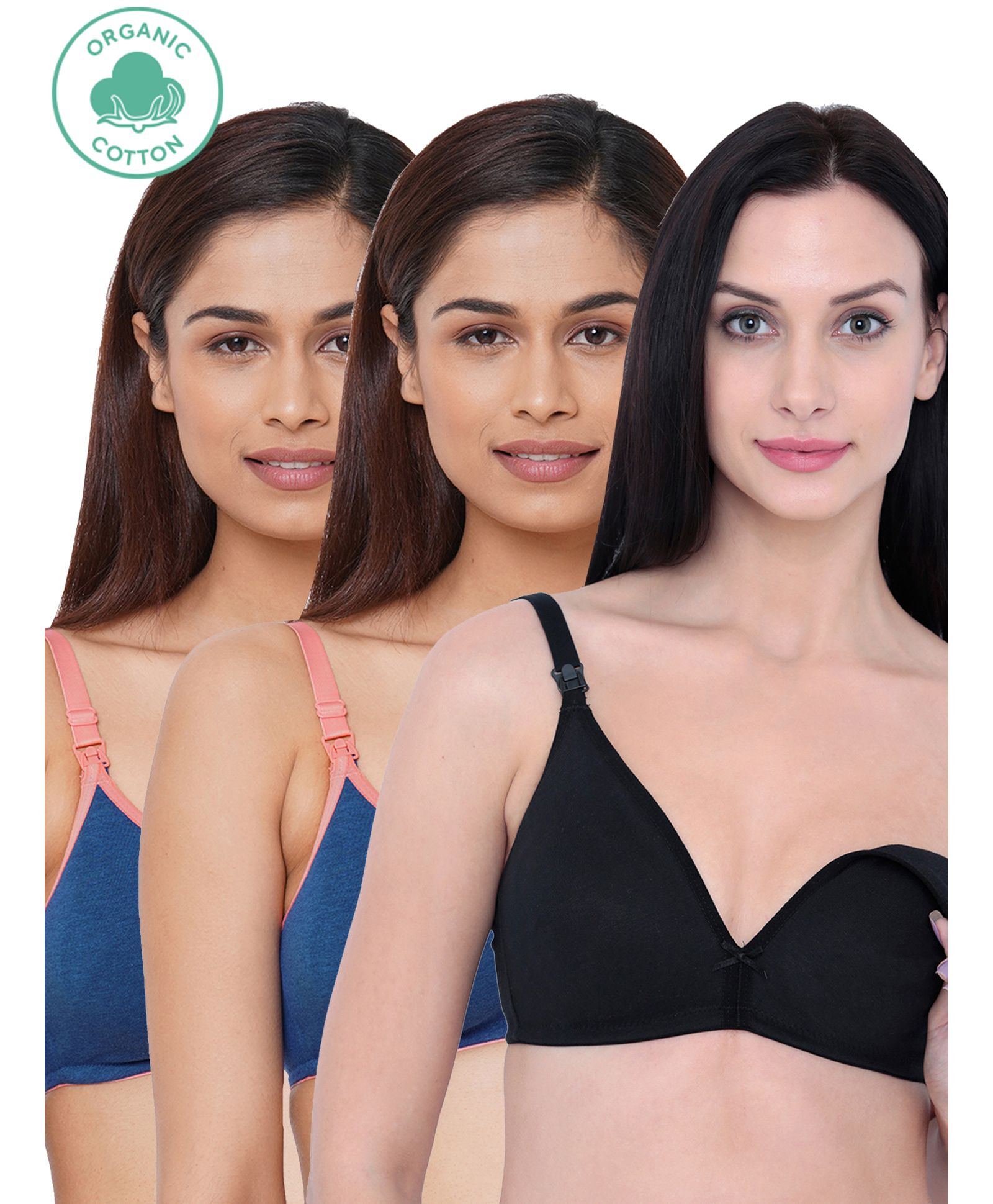Inner Sense Pack Of 3 Organic Cotton Antimicrobial Solid Colour Nursing Bra - Blue & Black-picture-27