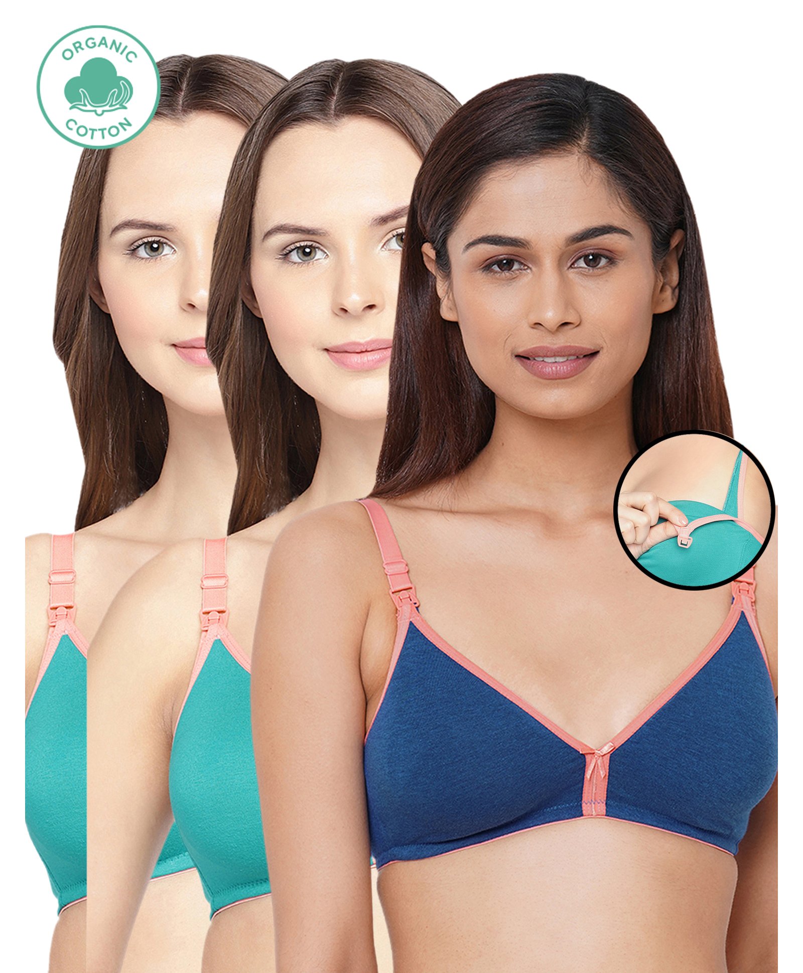 Inner Sense Pack Of 3 Organic Cotton Antimicrobial Solid Colour Nursing Bra - Sea Green & Blue-picture-26